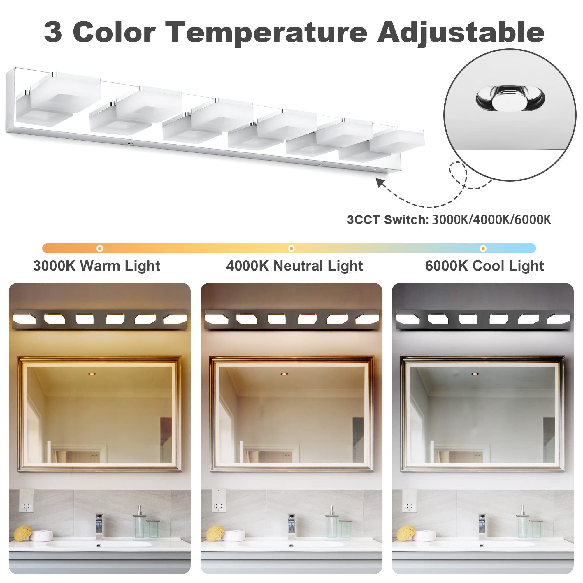 Goodate 3 Color Dimmable 6 Light Chrome Led Vanity Light Fixture For Bathroom, Adjustable 3000K-6000K
