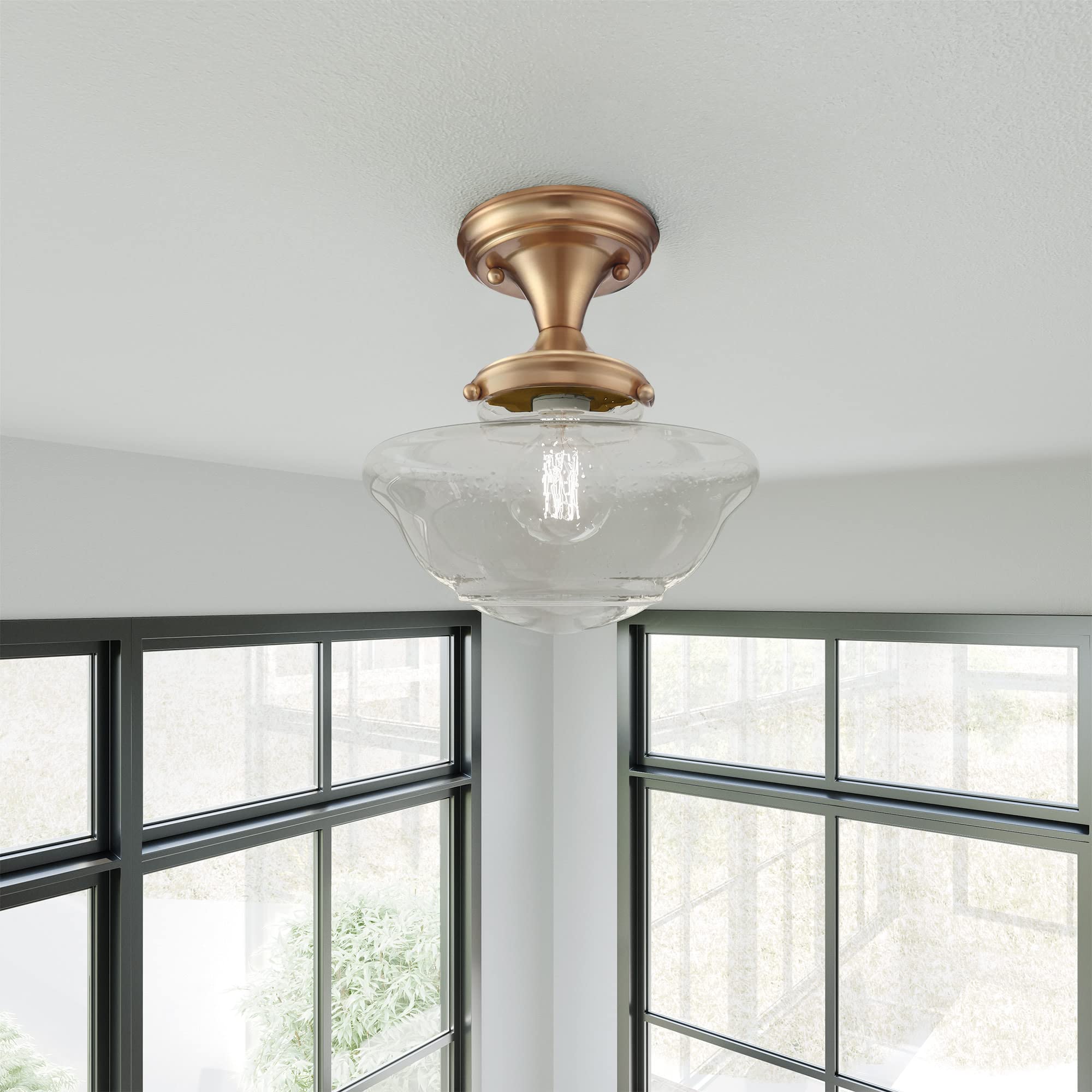 Design House Vintage-Inspired Schoolhouse Semi-Flush Mount Ceiling Light, 9 In X 9 In X 10 In, Satin Gold, Clear Seeded Glass Sh