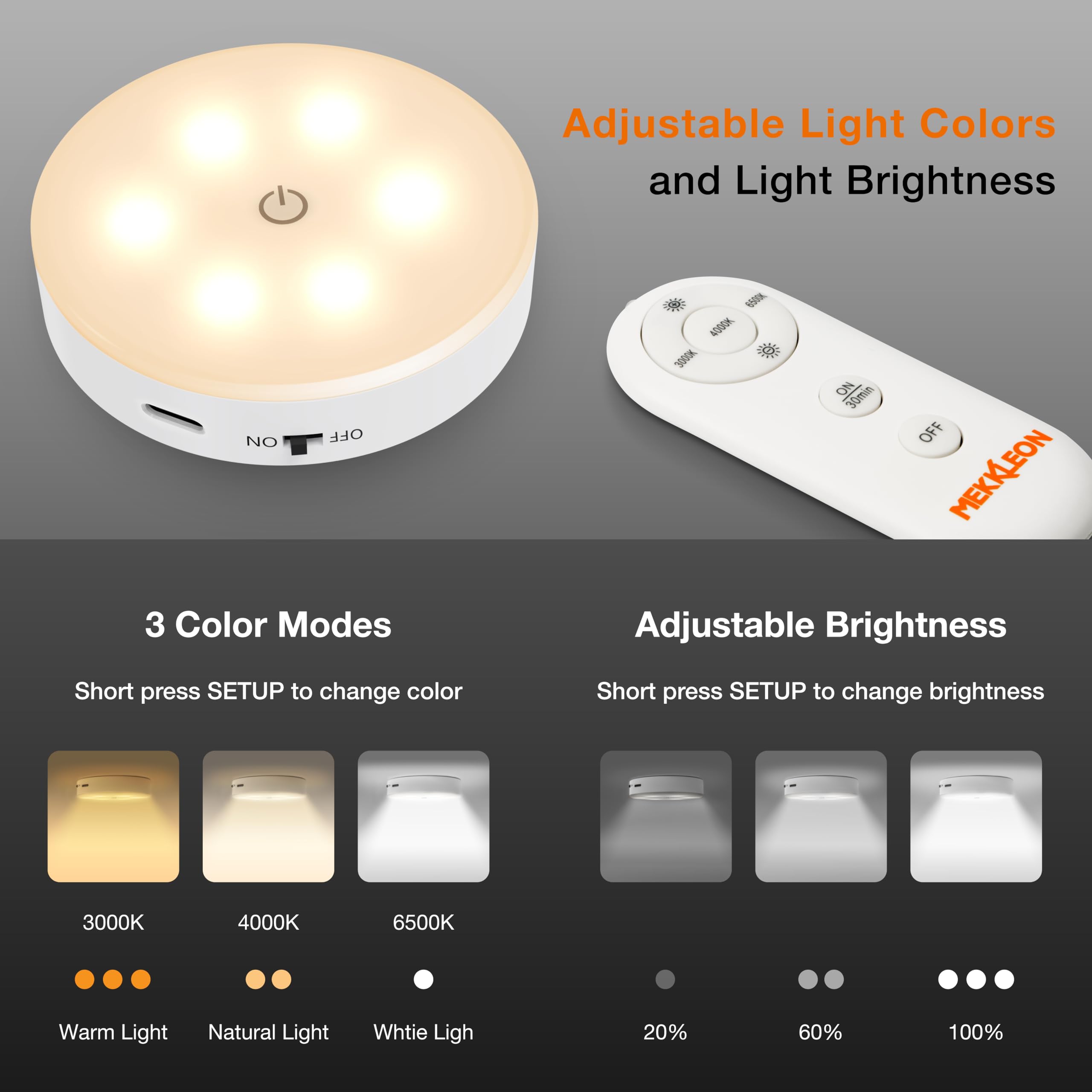 Mekkleon Puck Lights With Remote Control,1000Mah Rechargeable Under Cabinet Lighting,Led Closet Lights,3Pack Tap Light,Cordless