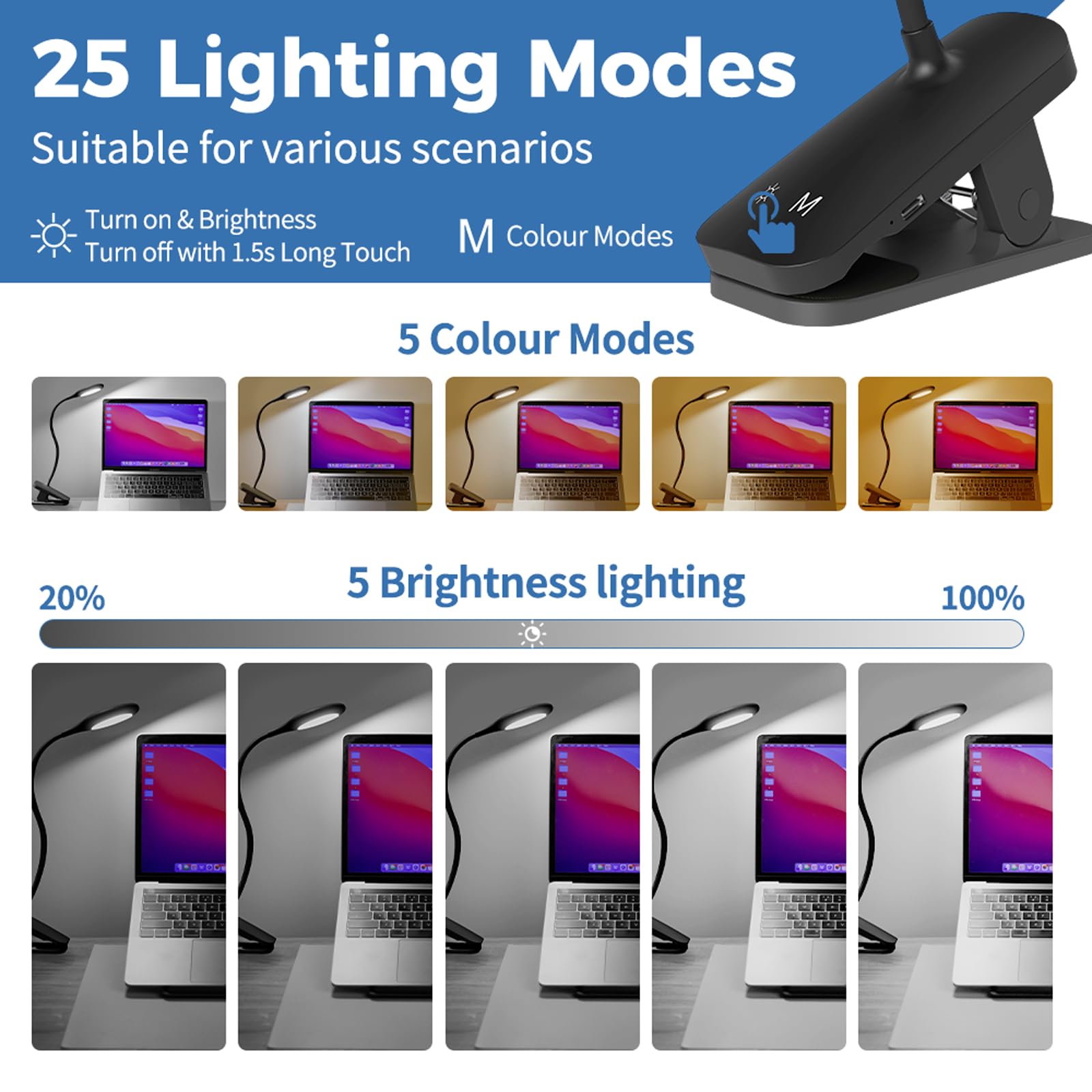 Cuhioy 2Pack Clip On Reading Light, 5 Colors 5 Brightness Bed Light For Headboard, Battery Rechargeable Flexible Neck Desk Lamp