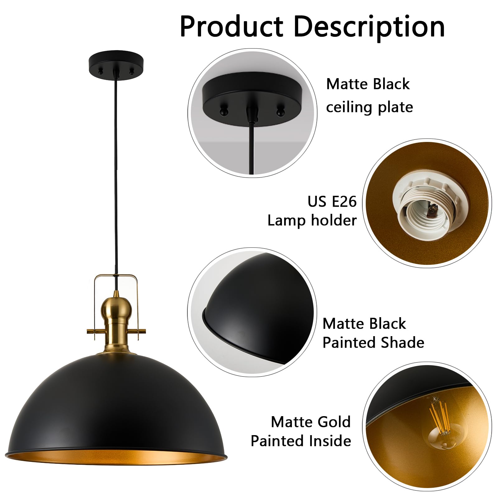 Alaislyc 18 Inch Black Farmhouse Pendant Lights Large Pendant Lights For Kitchen Island Industrial Adjustable Height Vintage Big