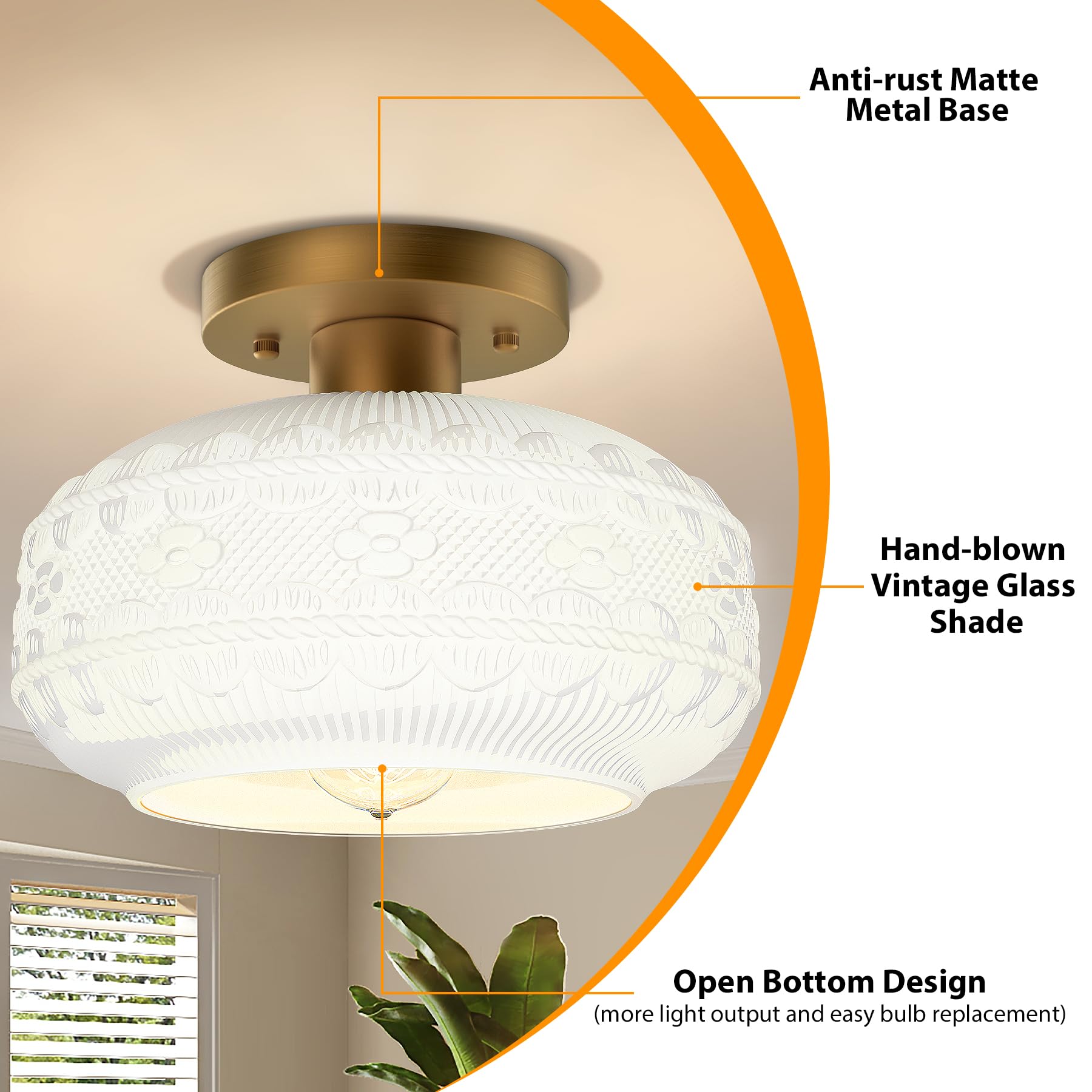 Apoto Gold Semi Flush Mount Ceiling Light Fixture,Globe Glass Hallway Lights Fixture Ceiling Light With Milk Glass,Vintage Kitch