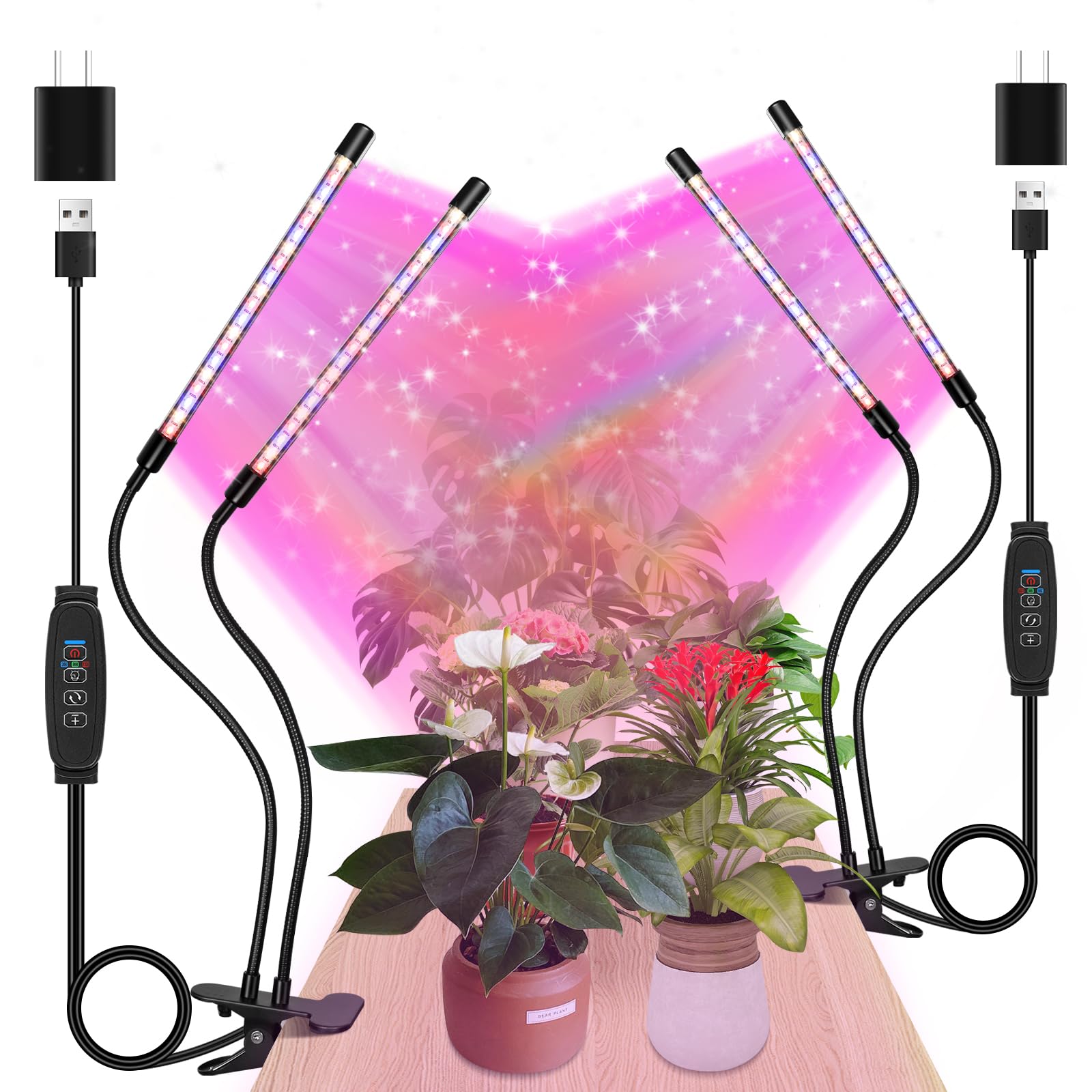 zyzykeji LED Grow Lights, 2 Packs, 2 Heads, Full Spectrum, 10-Level Dimmable, Auto On/Off, Timing, Red Blue Spectrum, Model LGL-