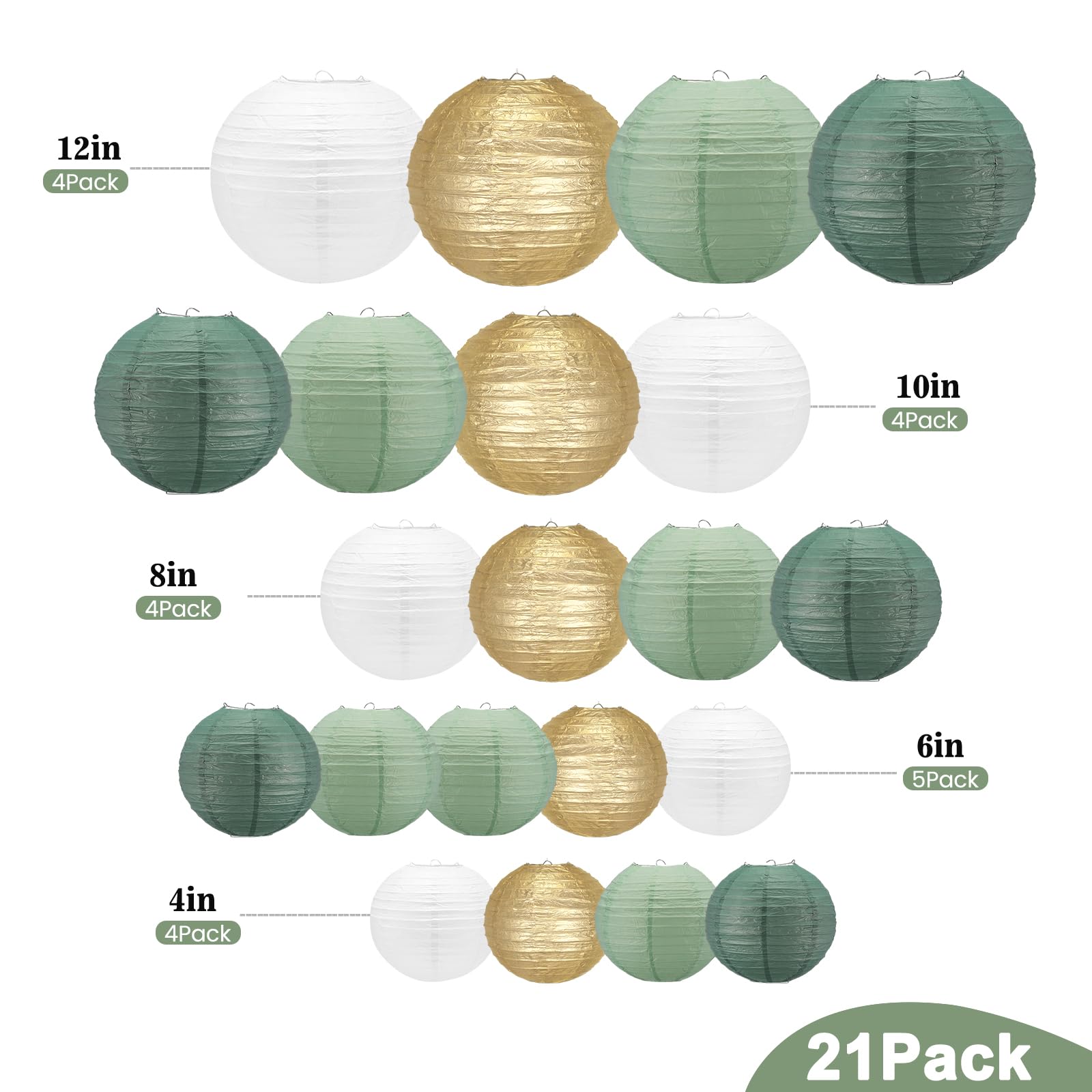 21Pcs Sage Green Paper Lanterns,4''6''8''10''12'' Hanging Round Paper Lanterns Decorative With Tape And String For Bridal Shower