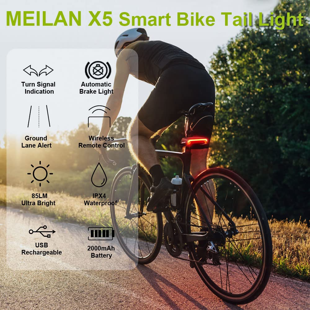 MEILAN X5 Smart Bike Tail Light - Wireless Remote, Turn Signals, USB Rechargeable, 1 Pack, Plastic