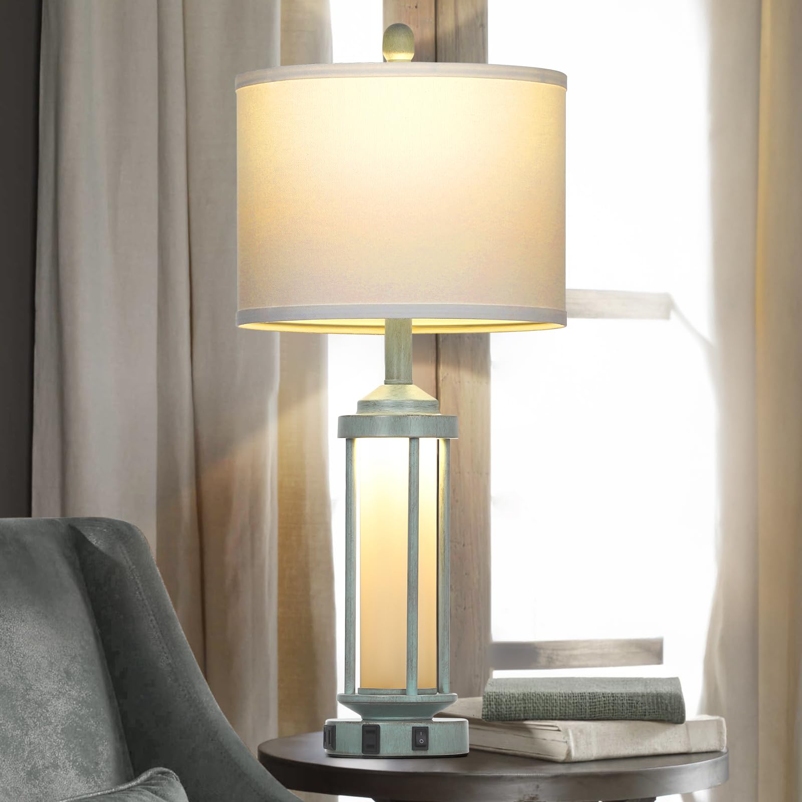 Farmhouse Table Lamps For Living Room, 27'' Vintage Rustic Beside Lamp Set Of 2 With Usb A+C Charging Ports & Ac Outlet, Retro N