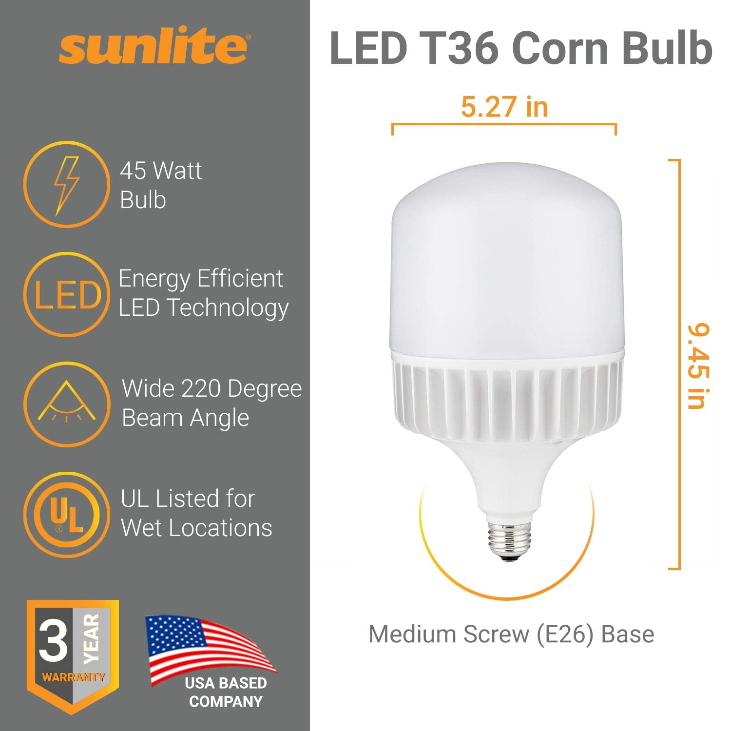 Sunlite Led T36 Super Bright High Lumen Corn Light Bulb, 45 Watts (350W Equivalent) 5800 Lm, Medium E26 Base, 120-277 Multi Volt
