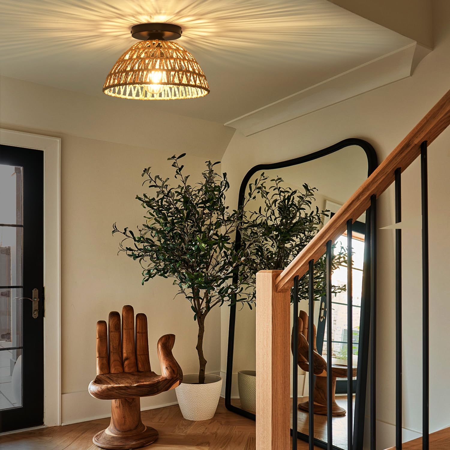 Ihengyanlt 2 Pack 10.2'' H Farmhouse Fixtures Ceiling Mount, Brown Rattan Boho Semi Flush Mount Ceiling Light,Hand Woven Hallway