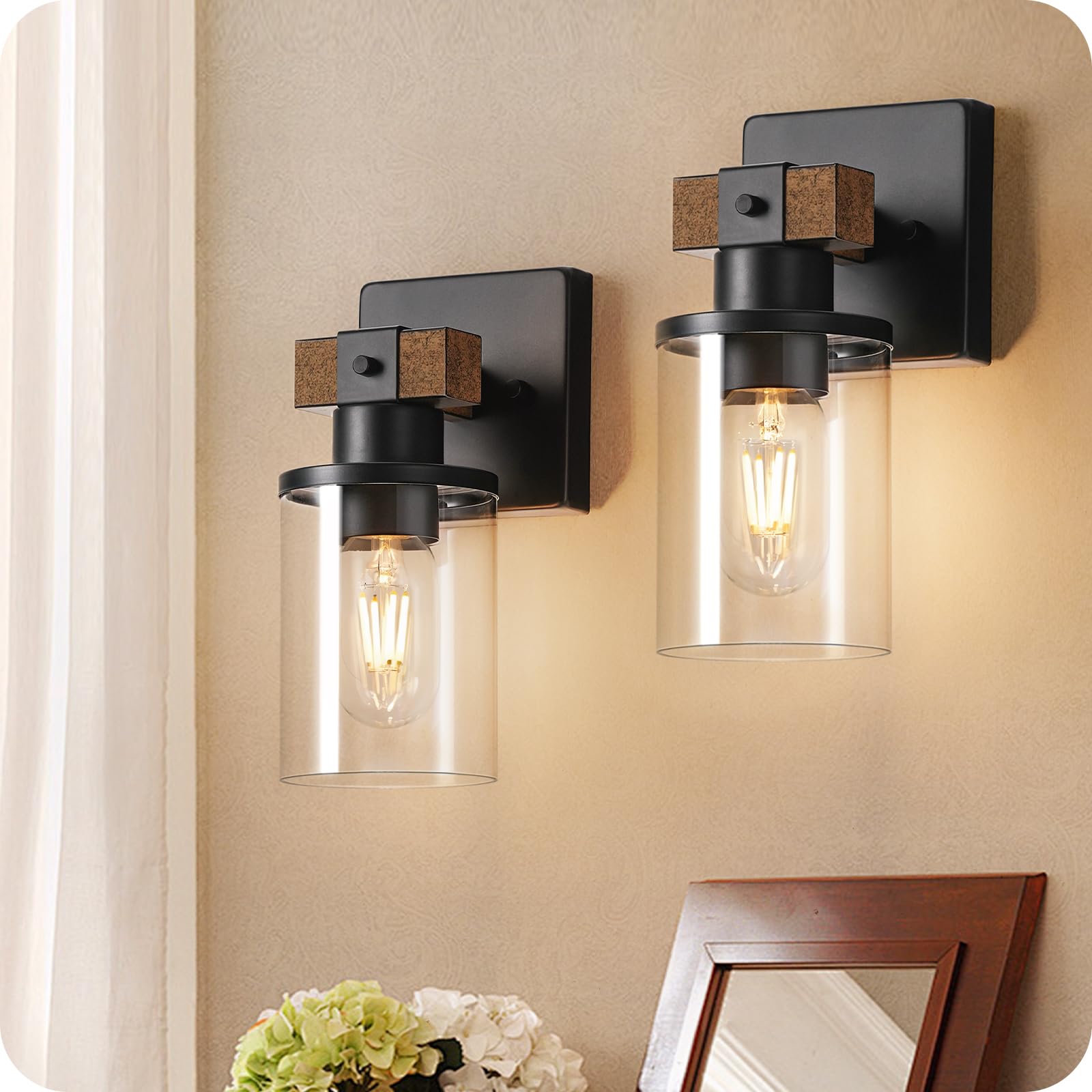 GOEBLESON Wall Sconces Set of Two, Rustic Brown + Black, Metal Bathroom Light Fixture, Model 14BD-1, Clear Glass Shade