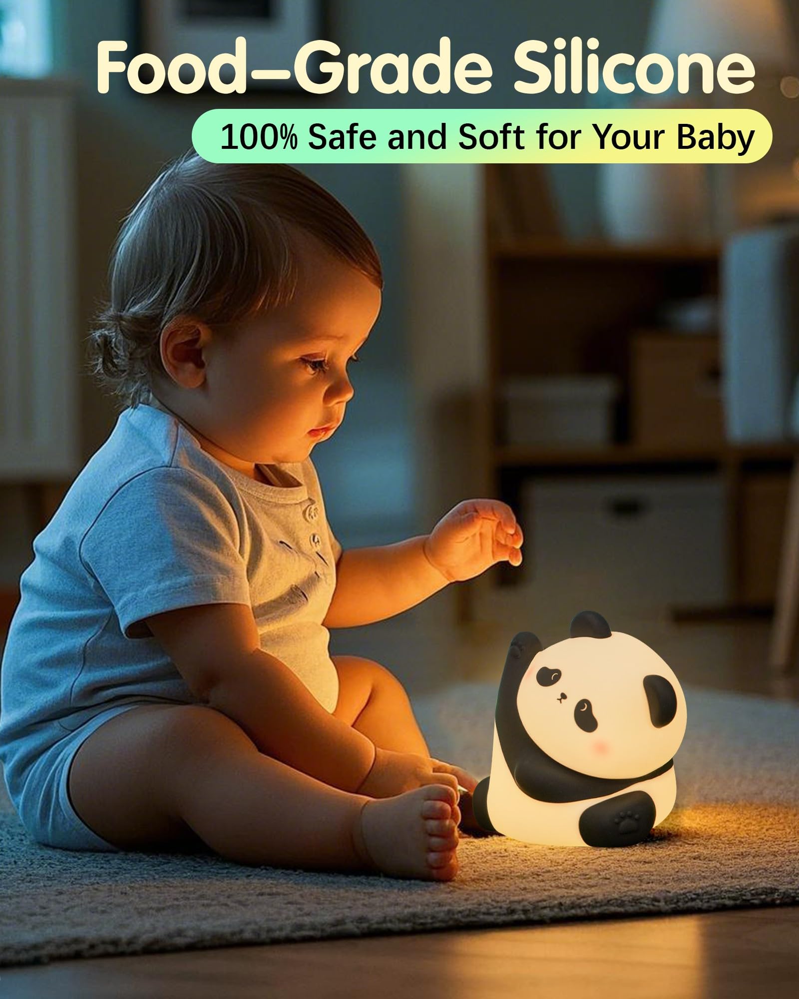 Panda Night Light, Rechargeable 3 Level Dimmable LED Squishy Nursery Nightlight, Food Grade Silicone Animal Night Lamps Cute Bed