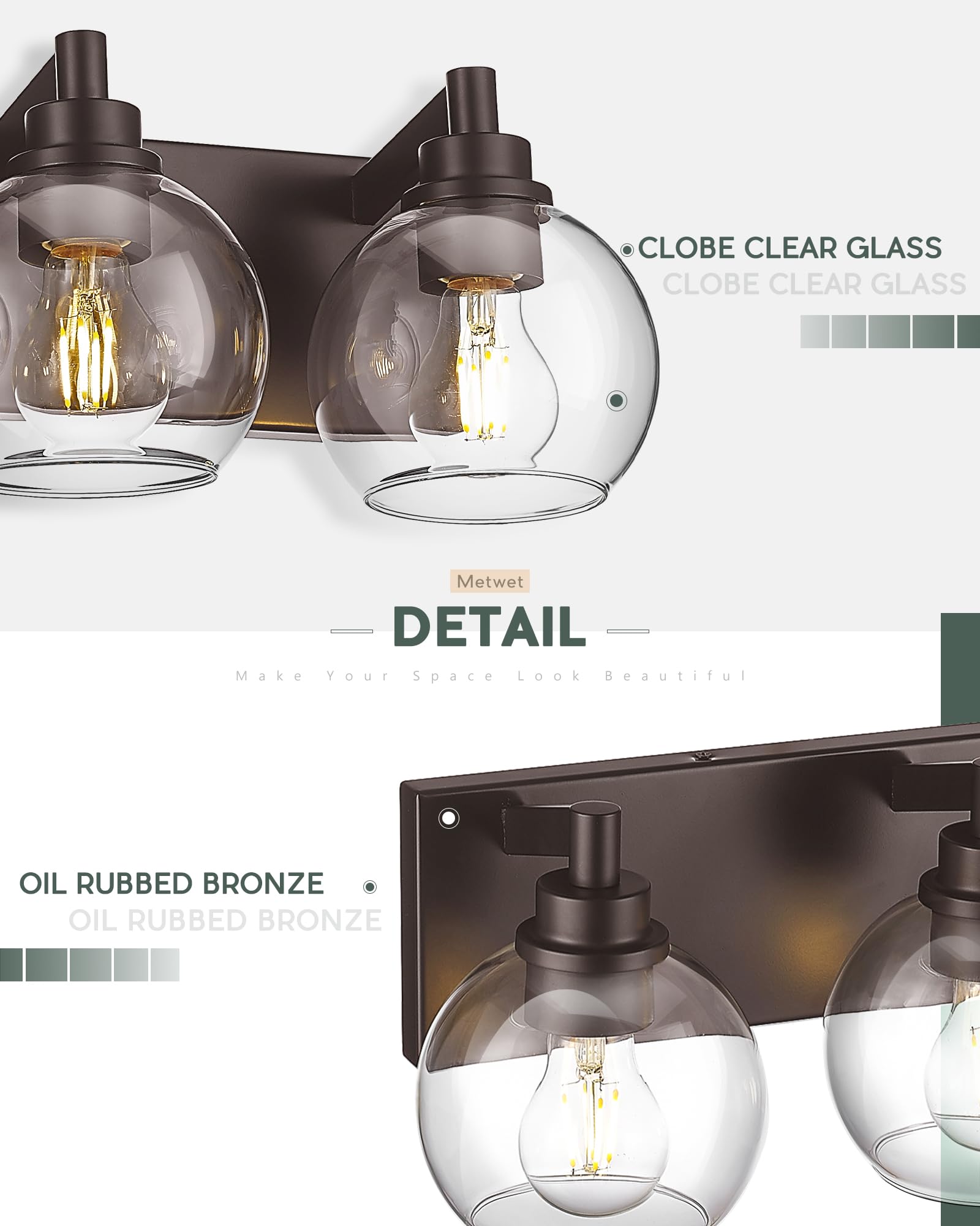 METWET 5-Light Bathroom Vanity Light Fixture, Oil Rubbed Bronze, Modern Sconces with Clear Glass Shades, Model VL195-ORB-5, 32 Inch
