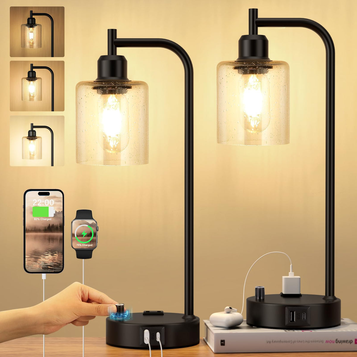 Industrial Table Lamps For Bedrooms Set Of 2 - Fully Dimmable Bedside Lamps With Usb A And C Ports And Outlet, Black Nightstand Lamps With Glass Shade For Living Room, Desk Lamps For Office Reading