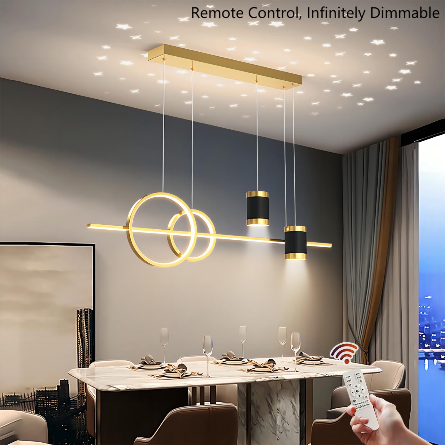 5 Lights LED Island Light, 39.4 Inch Creative Island Light with Remote Control & Infinitely Dimmable Hanging Light, Geometric Li