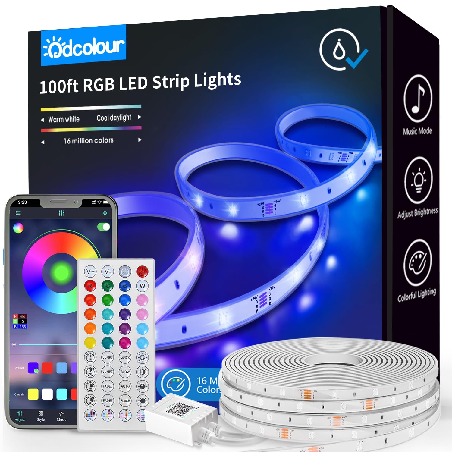 Odcolour 99Ft 600 Lights Outdoor Led Strip Lights Waterproof, 24V Rgb Outdoor Lights Bluetooth App Remote Music Sync, Rope Lights, Christmas Lights Decor
