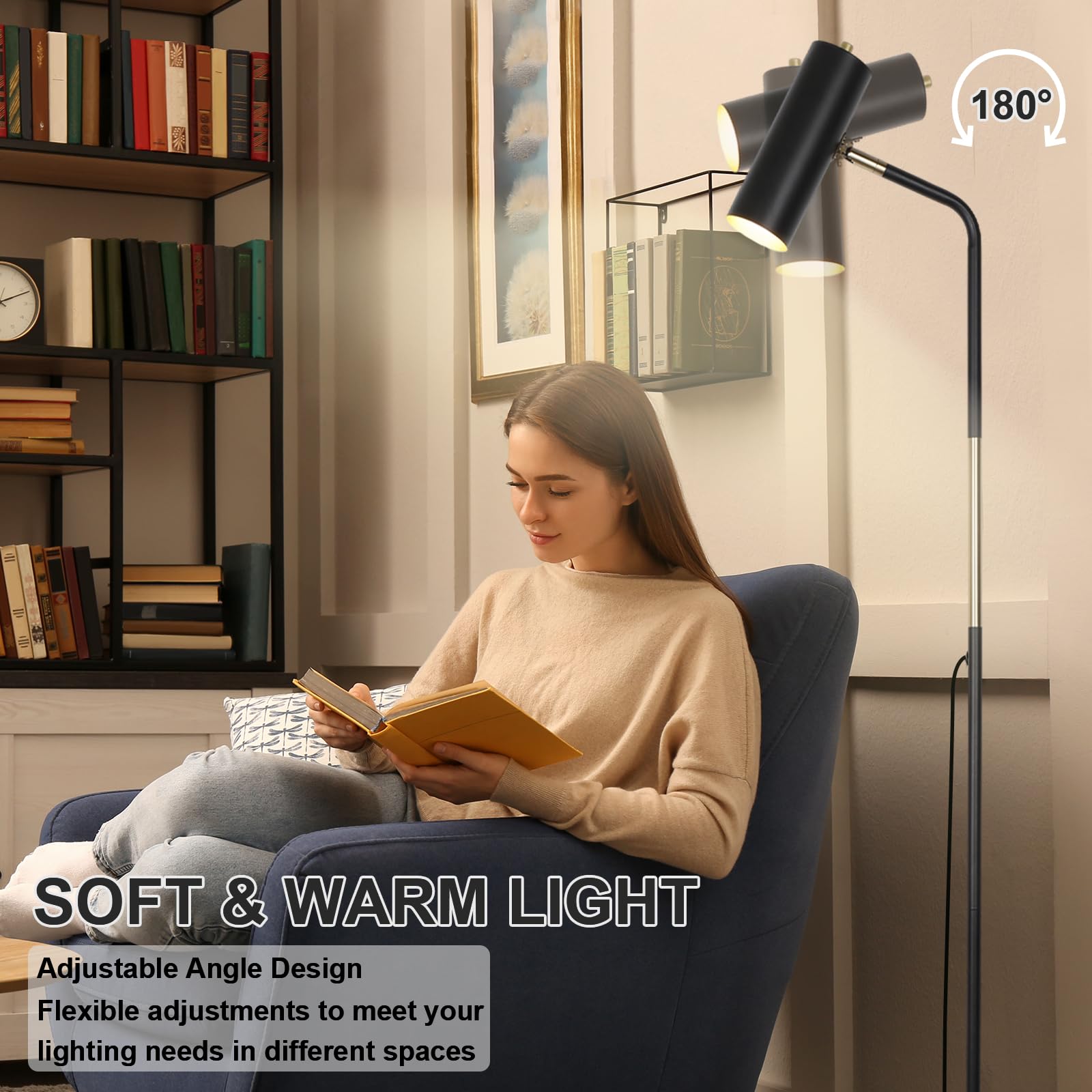 LALISU Industrial Floor Lamp - Rustic Metal Reading Lamp, Adjustable Heads, LED Black for Living Room & Office Home Décor