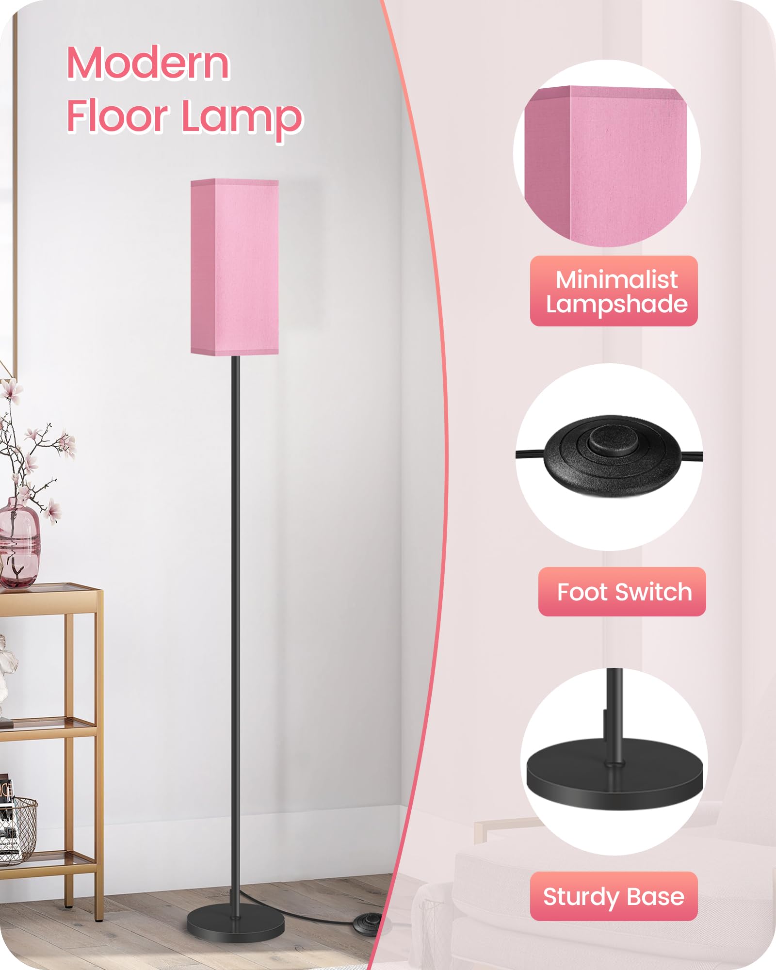 GOEBLESON Floor Lamps Set of 2, Modern Tall Standing, Metal, 64.6in, Pink and Black, Model P07LDP205W1