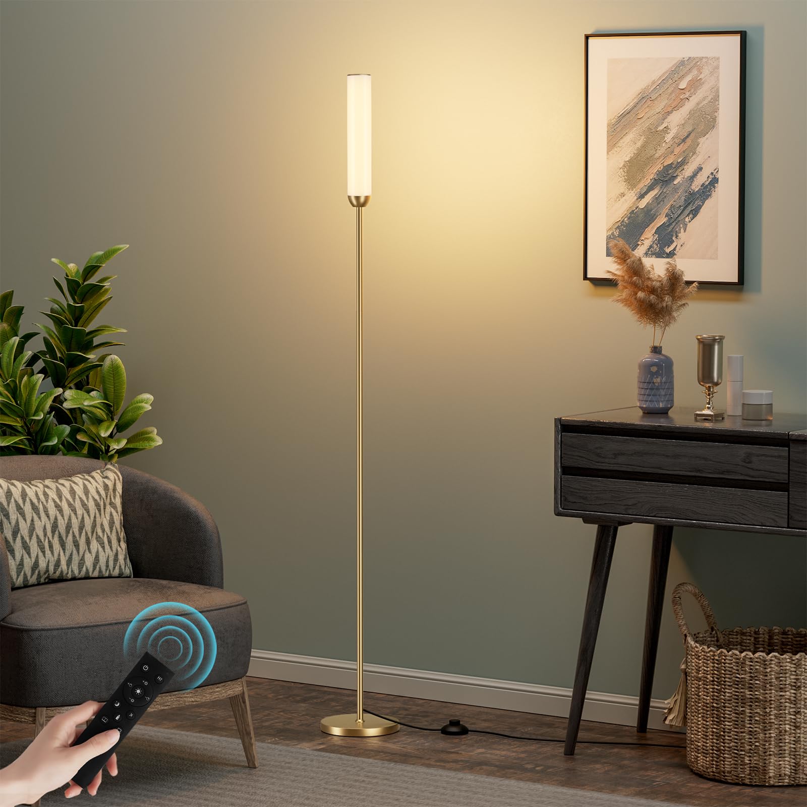 Ambimall LED Floor Lamp with Remote Control, 65in Adjustable 3000K-6500K, 5%-100% Brightness, Gold, Model RPT-ZGLED1-