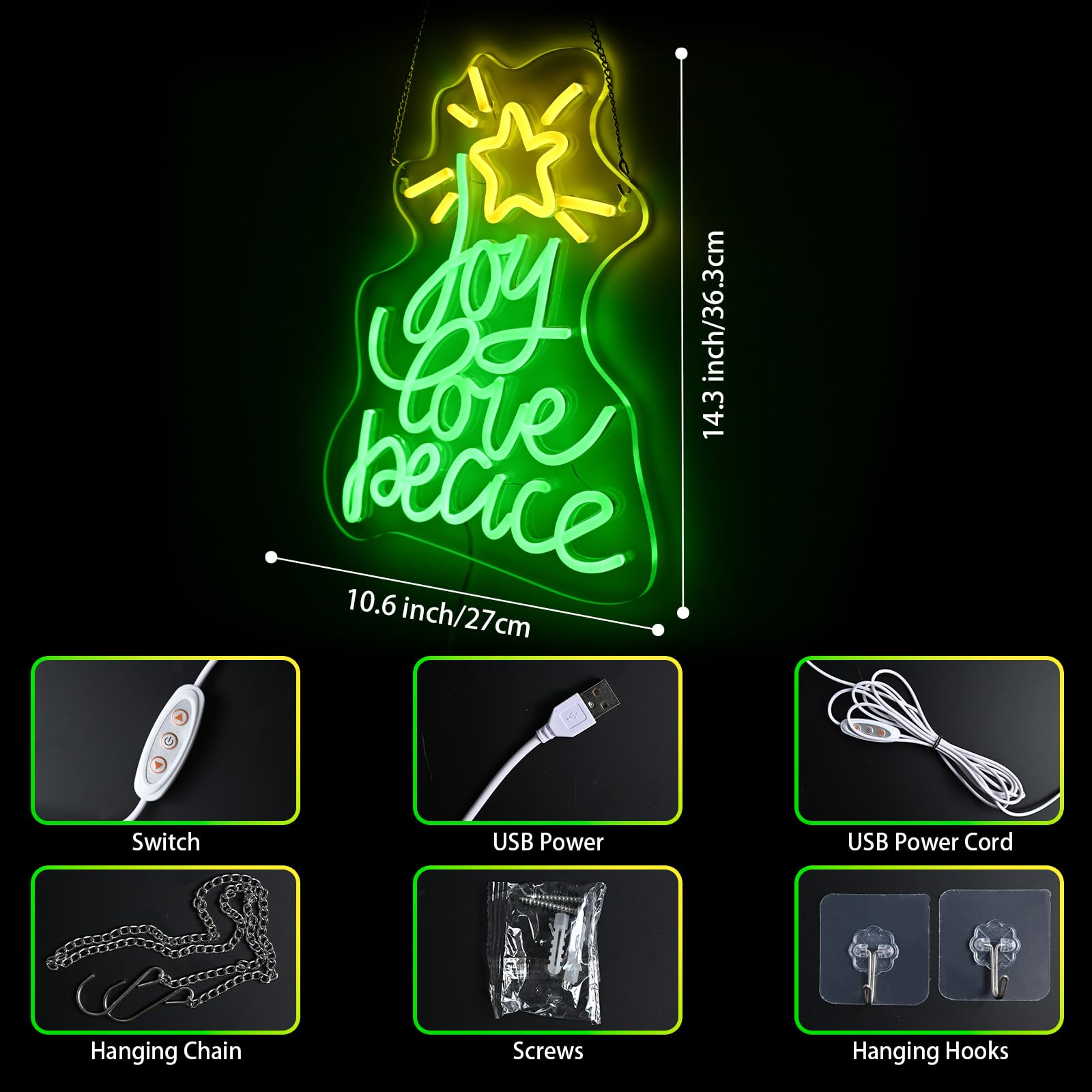 Lingqiang Christmas Tree Neon Sign, USB Powered LED Light, 14.3inx10.6in, Green Yellow - Joy Love Peace, Holiday Wall Decor