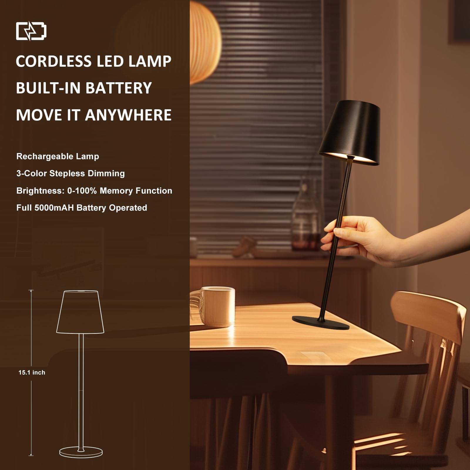 Kakanuo Cordless LED Table Lamp - Rechargeable, Touch Control, 3 Color Temperatures, Dimmable, Black, 1 Pack