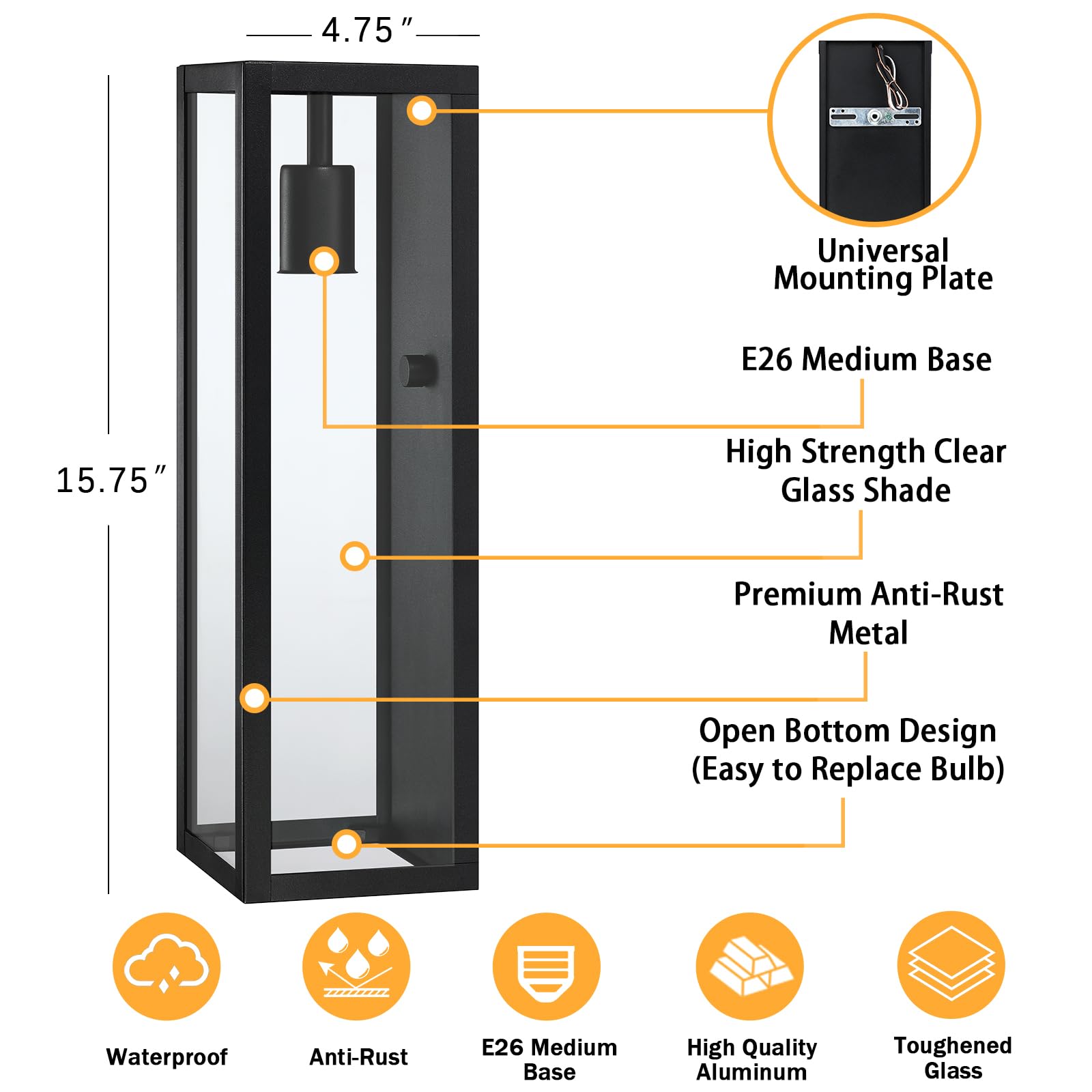 Criry Large Outdoor Exterior Wall Lights For House 2-Pack, 15.8'' Waterproof Matte Black Front Porch Lights, Rectangular Outdoor Wall Sconce Lantern For Patio Entryway Garage, Bulb Not Included