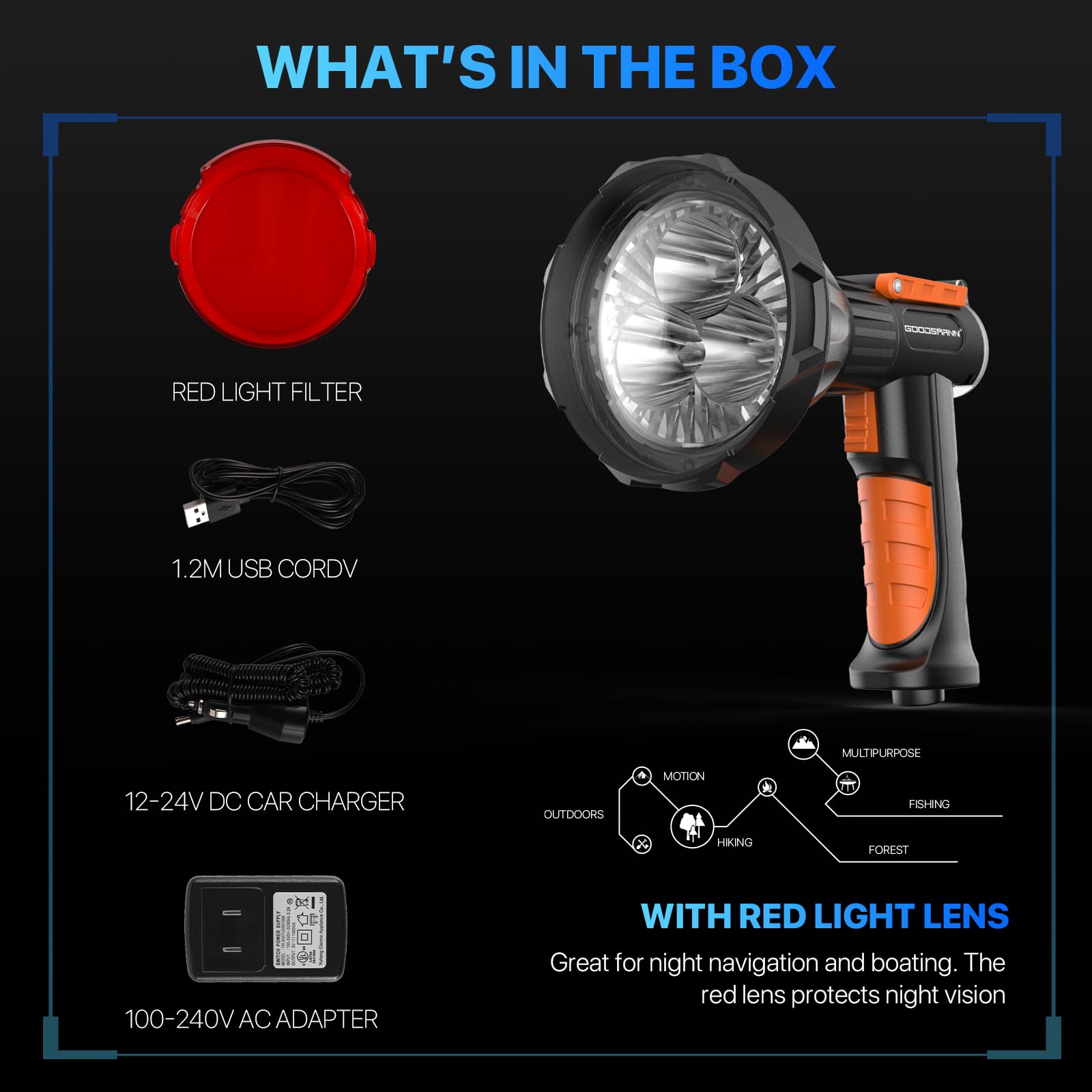 GOODSMANN 4000 Lumen Marine Spotlight, Rechargeable Handheld Searchlight, Black & Orange, Model 9903-C201-01, Includes Red Lens & Chargers