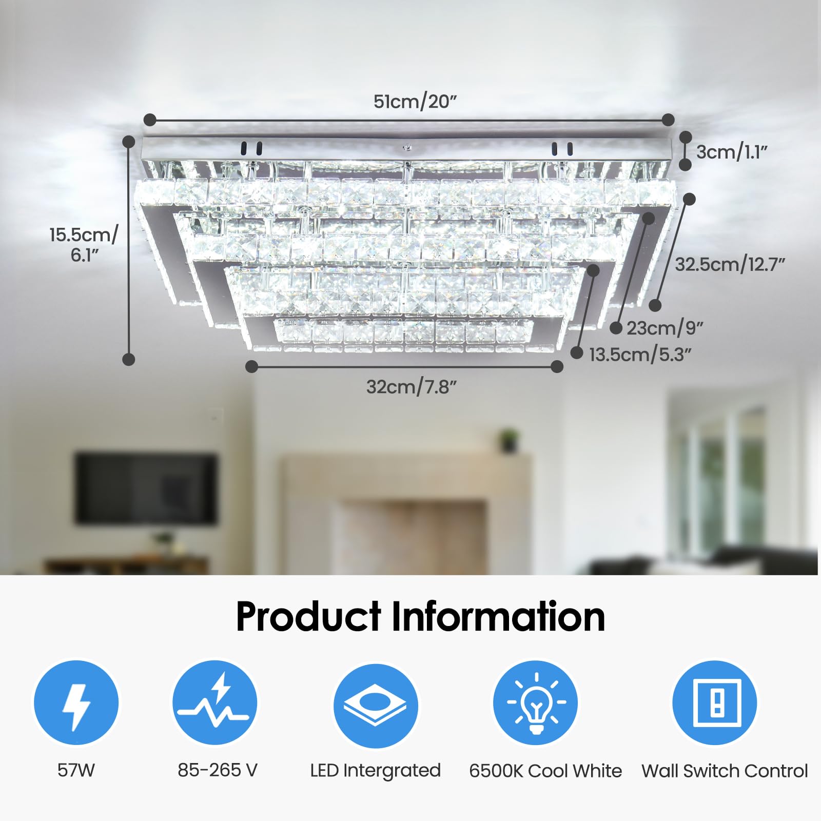 Finktonglan Modern Crystal Led Ceiling Light Fixture, 20&quot; Rectangular Chandelier, 3-Tier, Cool White