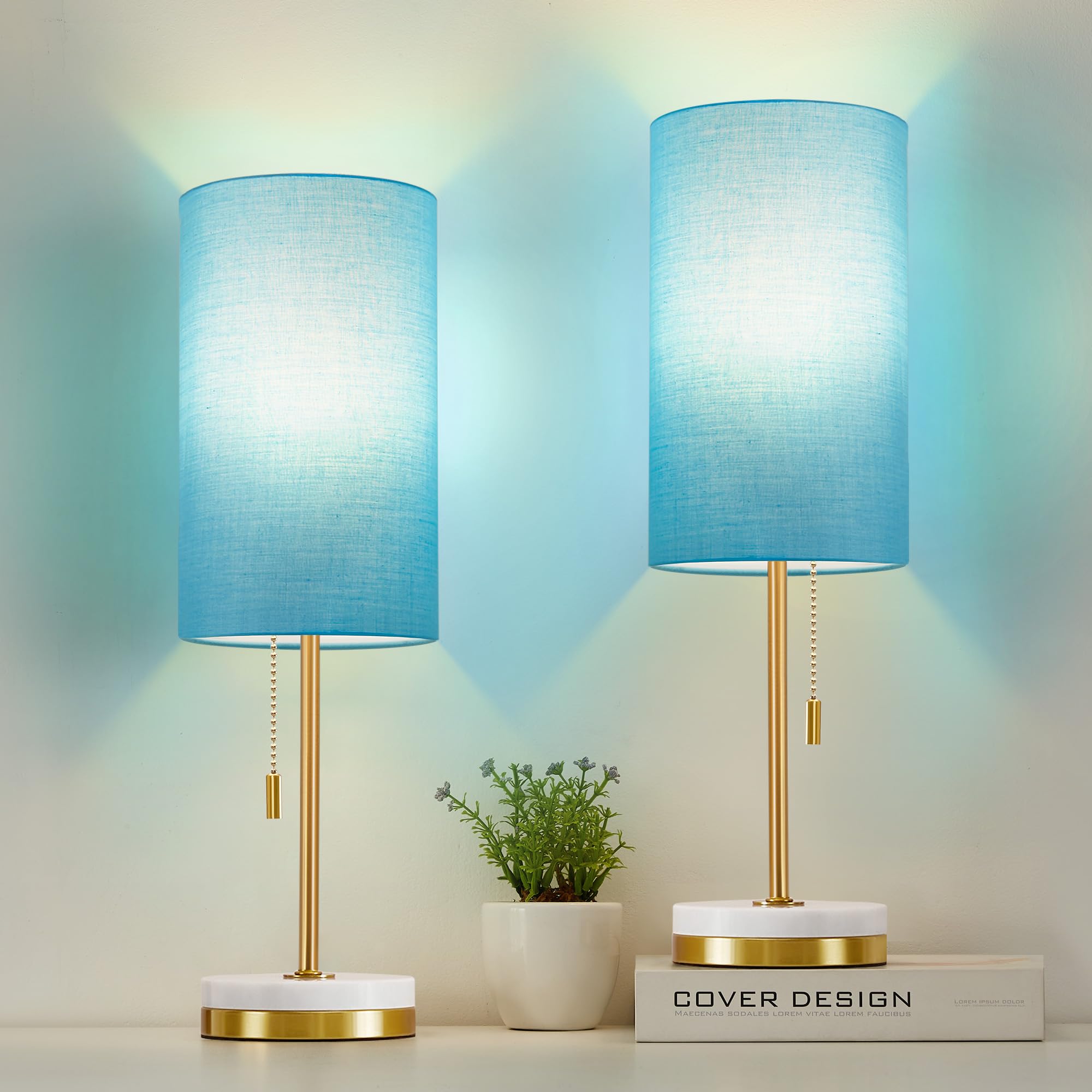 Luvkczc Minimalist Table Lamp Set of 2, Small Fabric Shade, Marble Base, Blue, Model 066