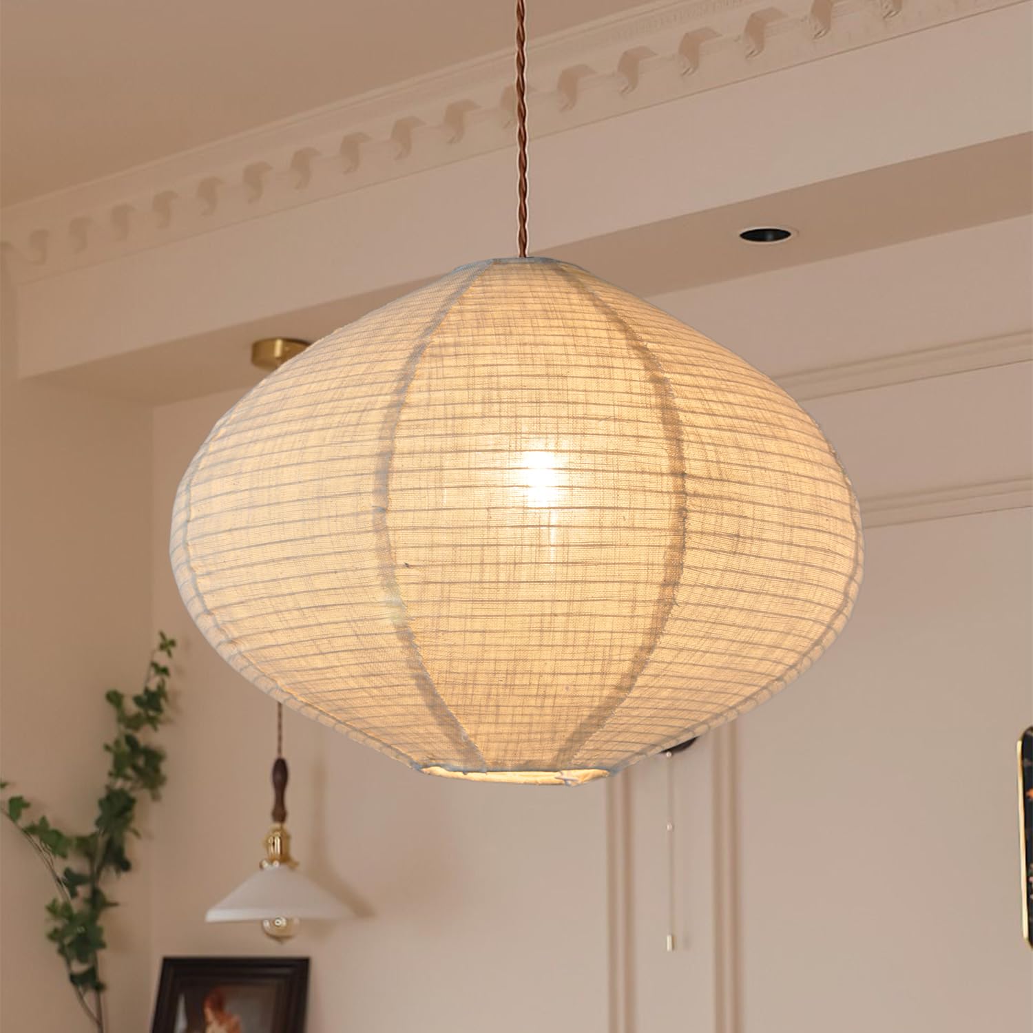 Methedeeco Hanging Fabric Lamp Shade, 16 Beige Linen Pendant Light, Minimalist Design For Bedroom, Living Room, Kitchen