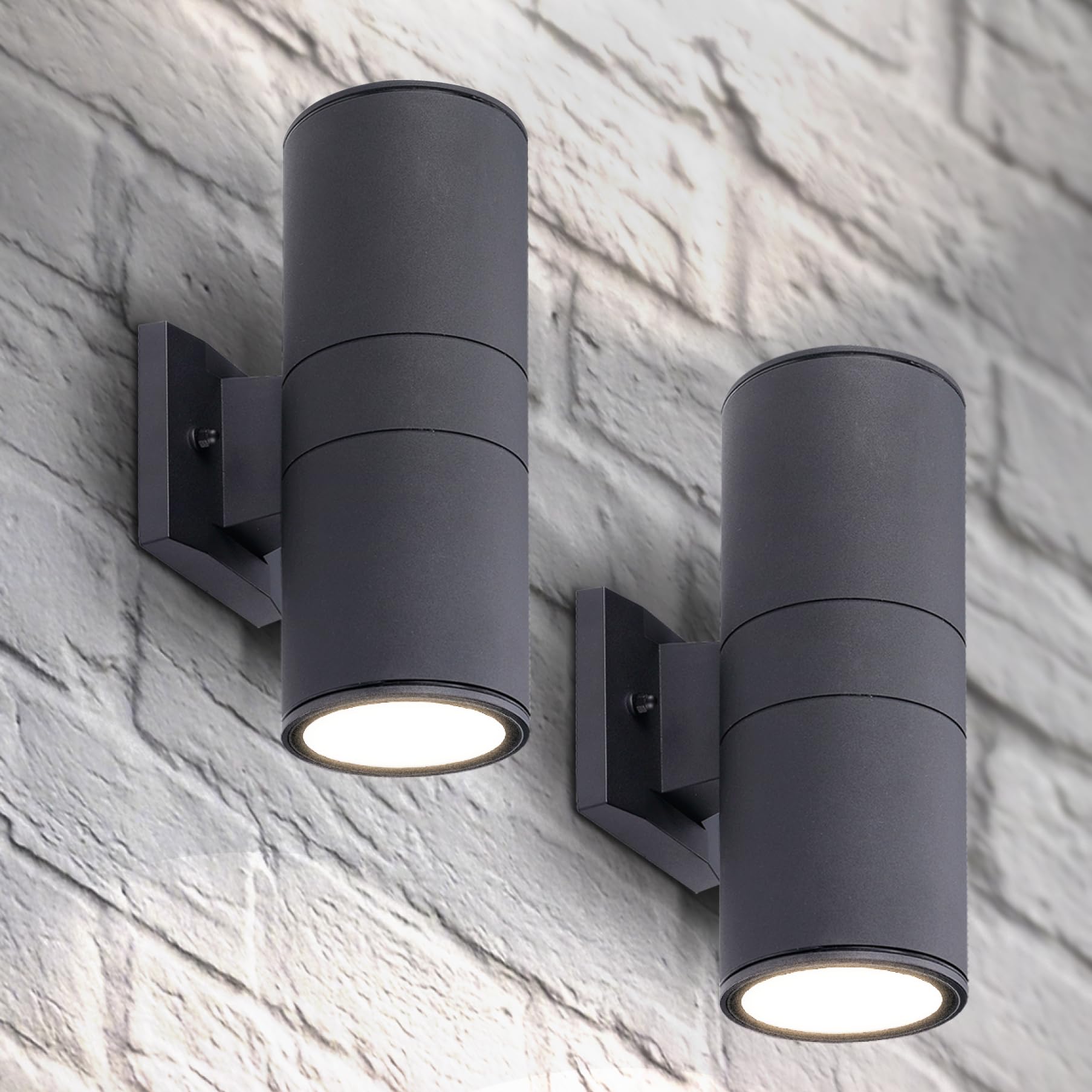 ASD 2 Light LED Indoor & Outdoor Wall Light Fixture | 18W 1900LM 3000K-5000K 120V Cylinder Up Down Lights | Dimmable Waterproof Exterior Wall Sconce | Front Door  Porch  Patio | Black  ETL 2 Pack