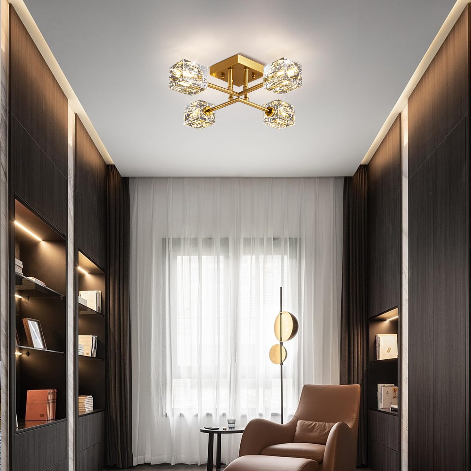 Okes Gold Modern Sputnik Chandelier Ceiling Light Fixtures,4-Lights Industrial Crystal Semi Flush Mount Ceiling Light For Bedroo