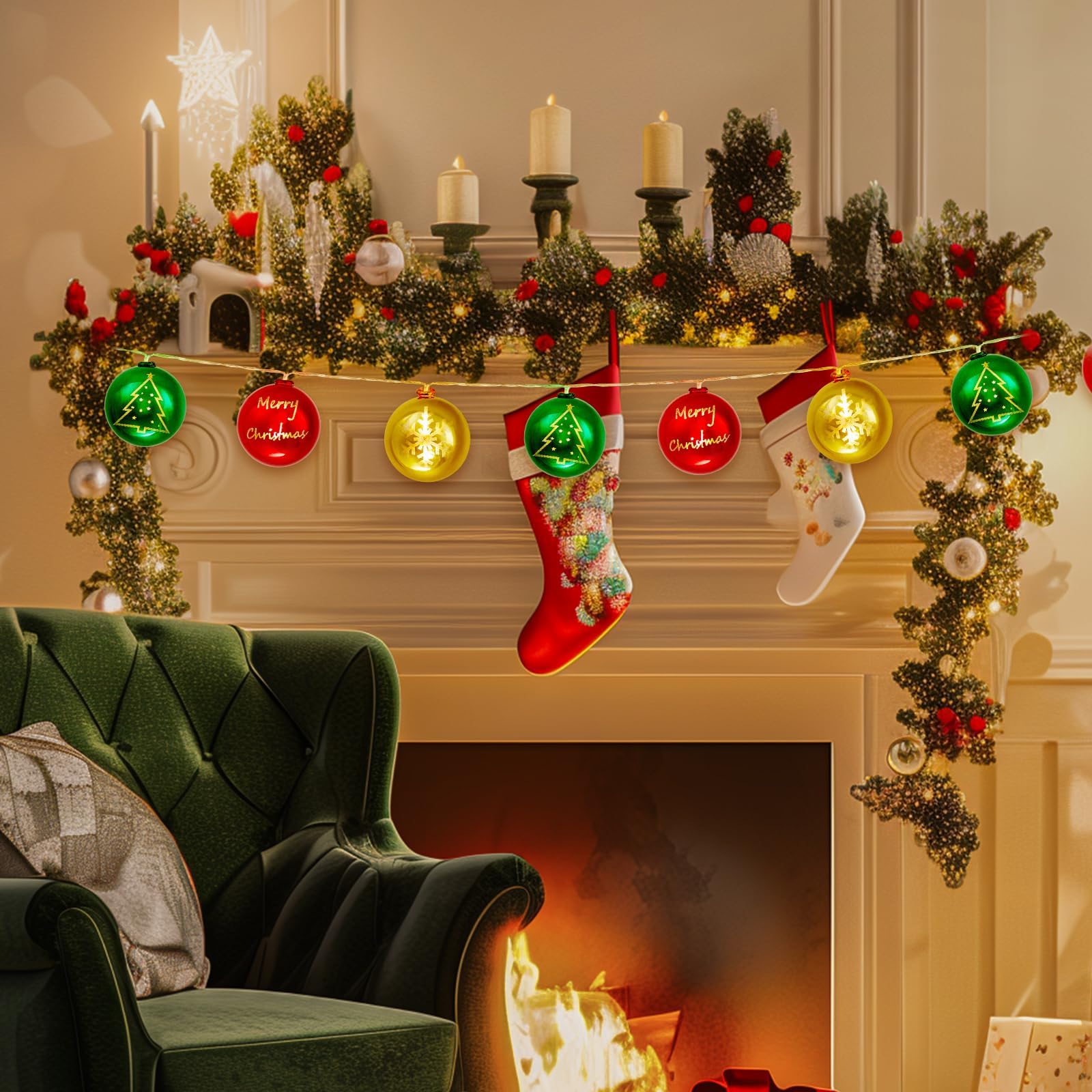 Brightown Christmas String Lights Battery Operated,Battery Powered With 10 Bell Lights,Christmas String Lights For Winter Party Festival Indoor Decor (Ball)