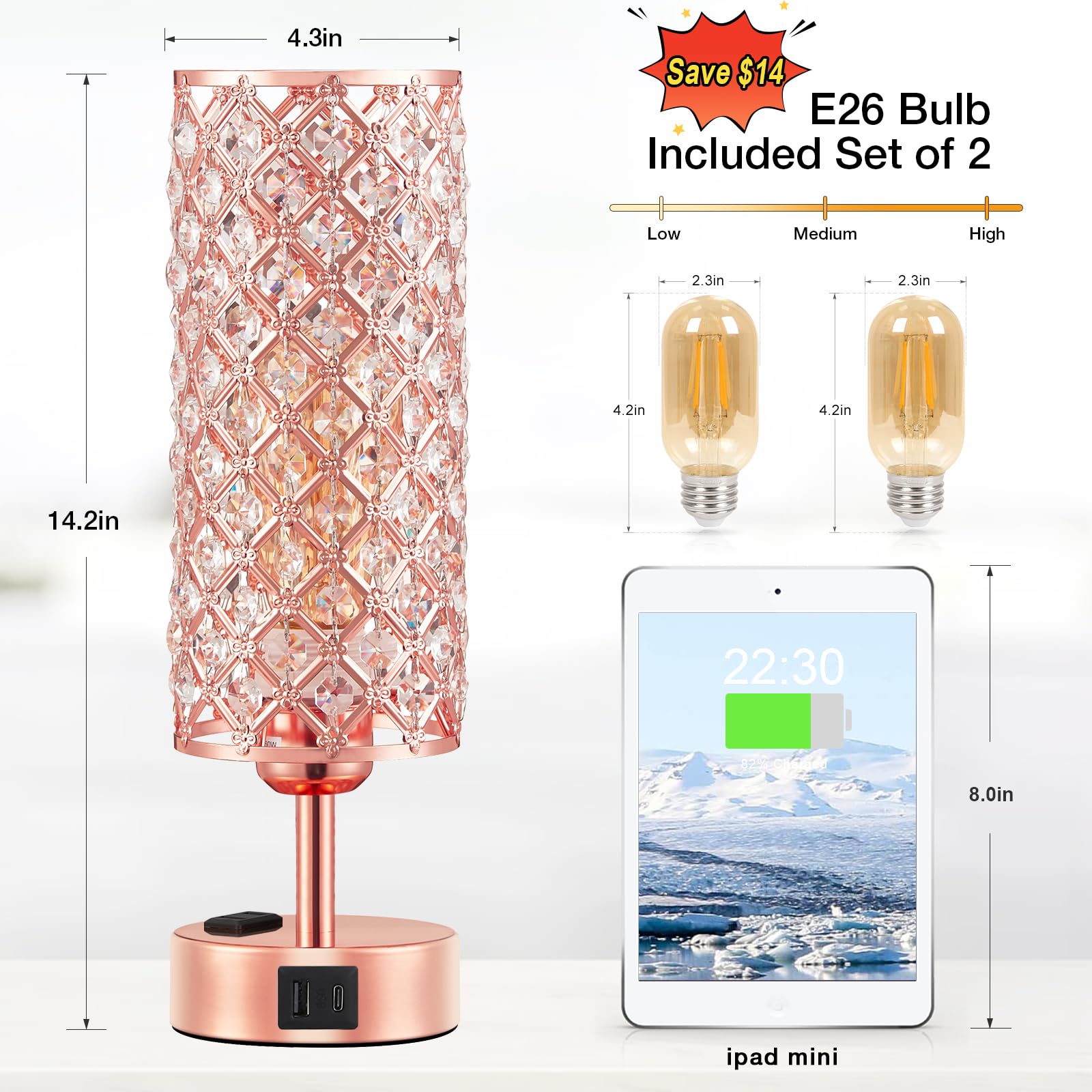 Hong-in Rose Gold Crystal Table Lamp Set of 2, Dimmable Touch Control, USB-C & AC Ports, 4.33" Nightstand Light, Bulb Included