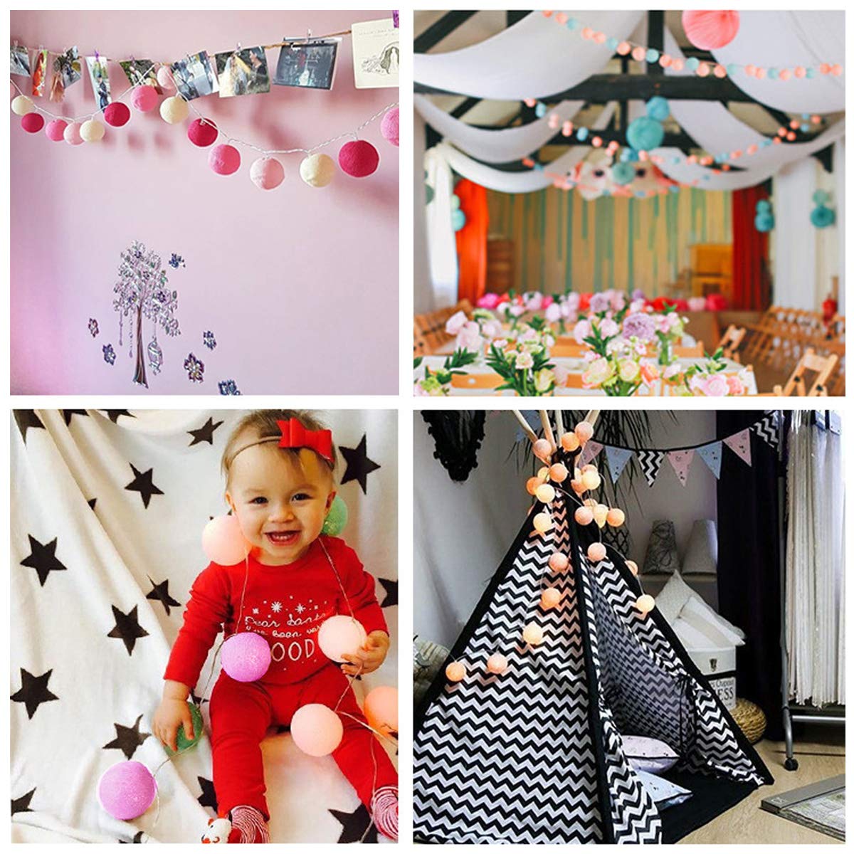 XIYUNTE Cotton Ball String Lights, 3M/10FT 20 LED Cotton Ball Lights, USB or Battery Powered 4CM Cotton Ball Fairy Lights for Be