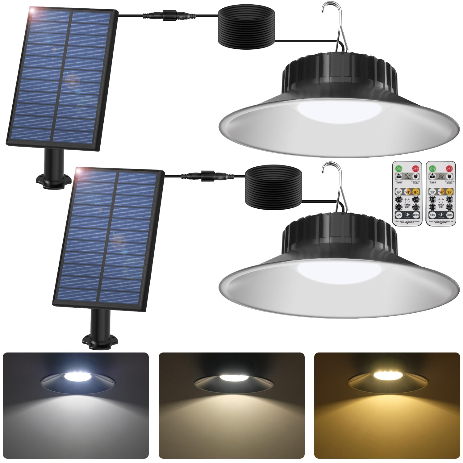 T-SUN Solar Shed Light 2 Pack Solar Pendant Lights Outdoor Indoor Solar Garden Light with Remote 3000K/4000K/6000K, IP65 Waterpr
