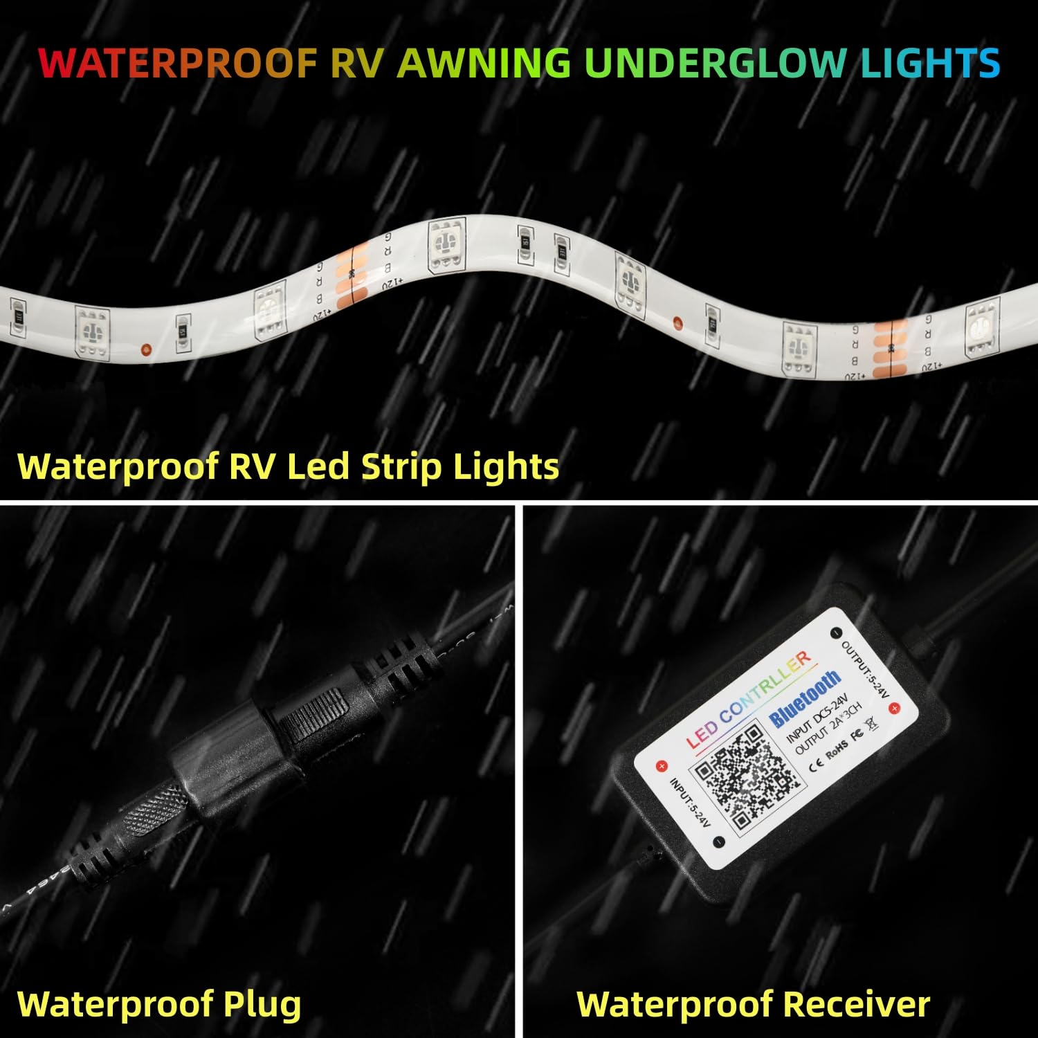 ROLiGHTiC RV Awning Lights Strip, 12V Multi-Color LED, 65.6FT with APP & RF Control