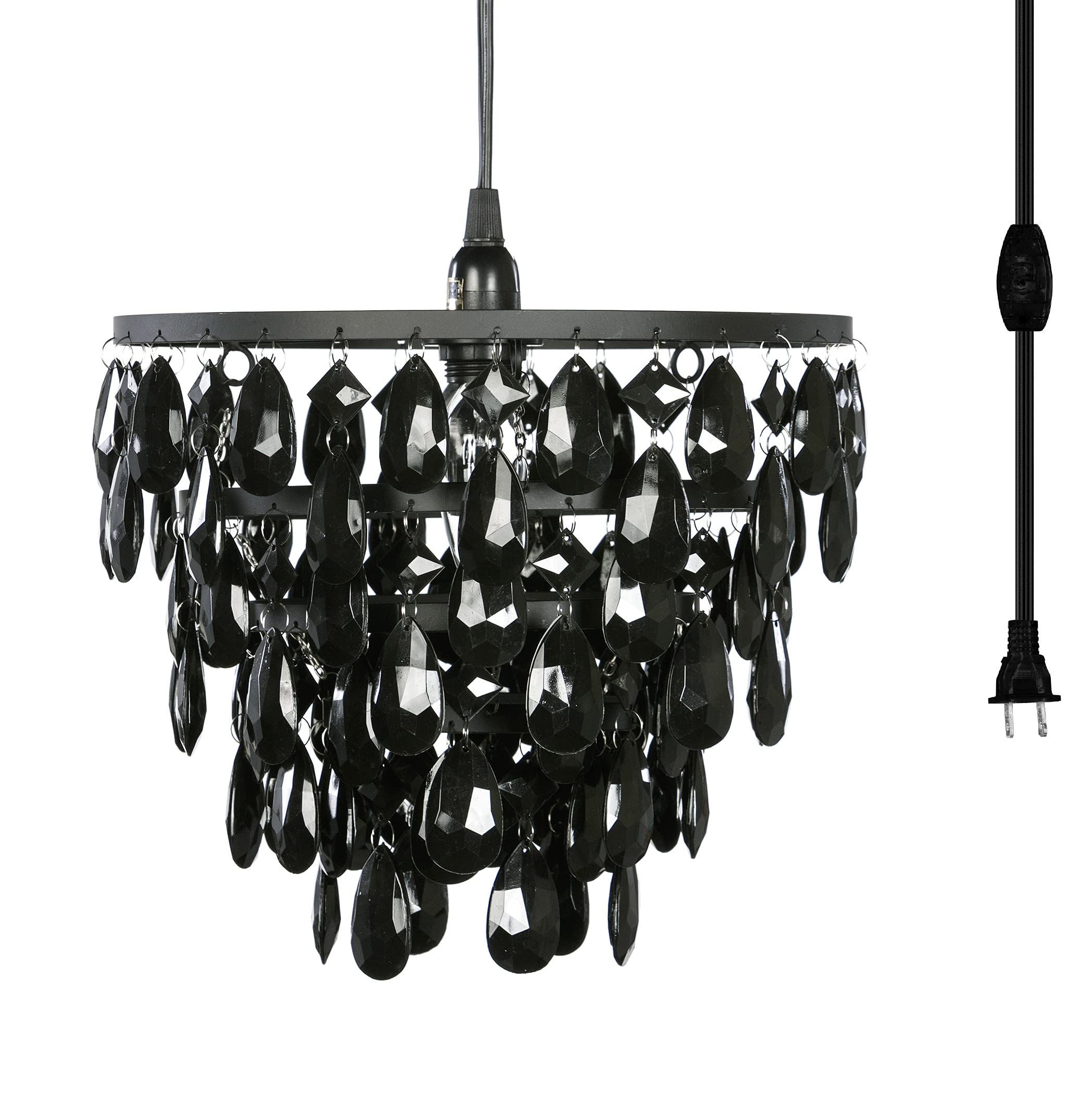 Gypsy Color Plug-In Black Hanging Swag Dome Chandelier, 1 Light, 10”X11.5”, Metal Frame With Black Acrylic Crystals, Model Gydmbk