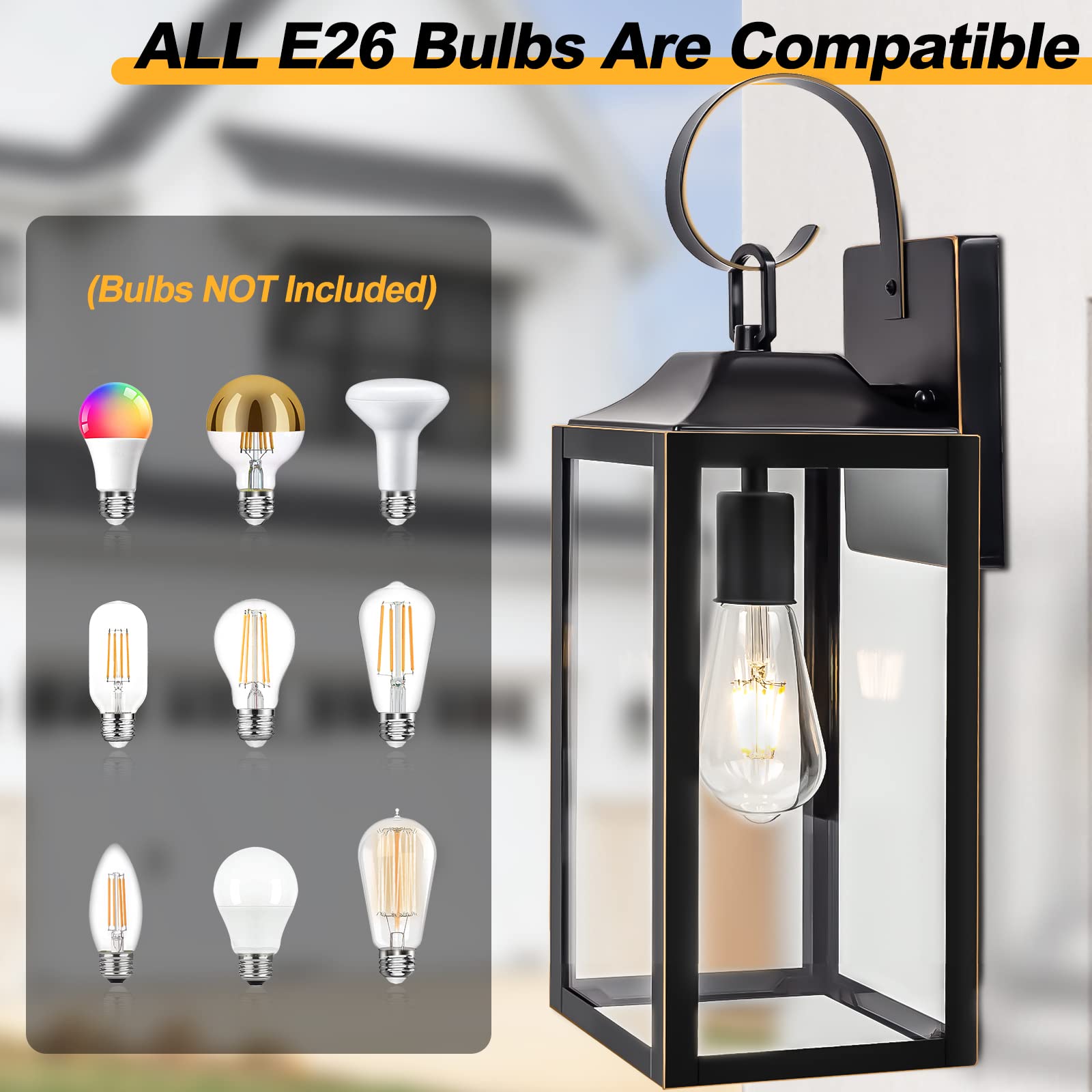 Yolsunes Black Outdoor Wall Light, 19&quot; Farmhouse Sconce, Waterproof Metal Lantern With Gold Trim