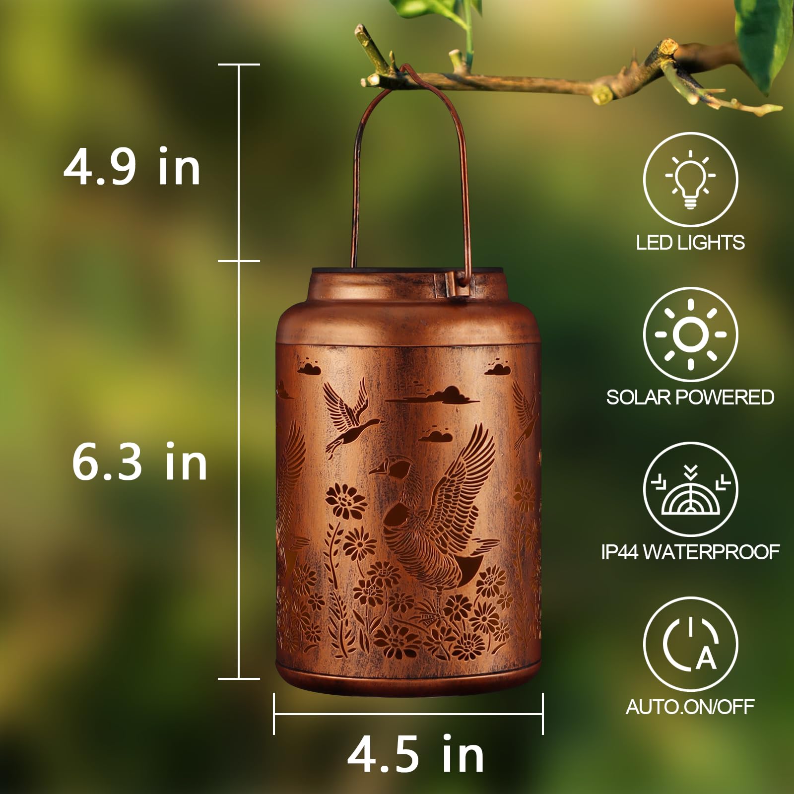 Tepaken Solar Lanterns Outdoor Waterproof Hanging Lights - Gold Metal Garden Decor for Yard, Patio, Porch, Model 117