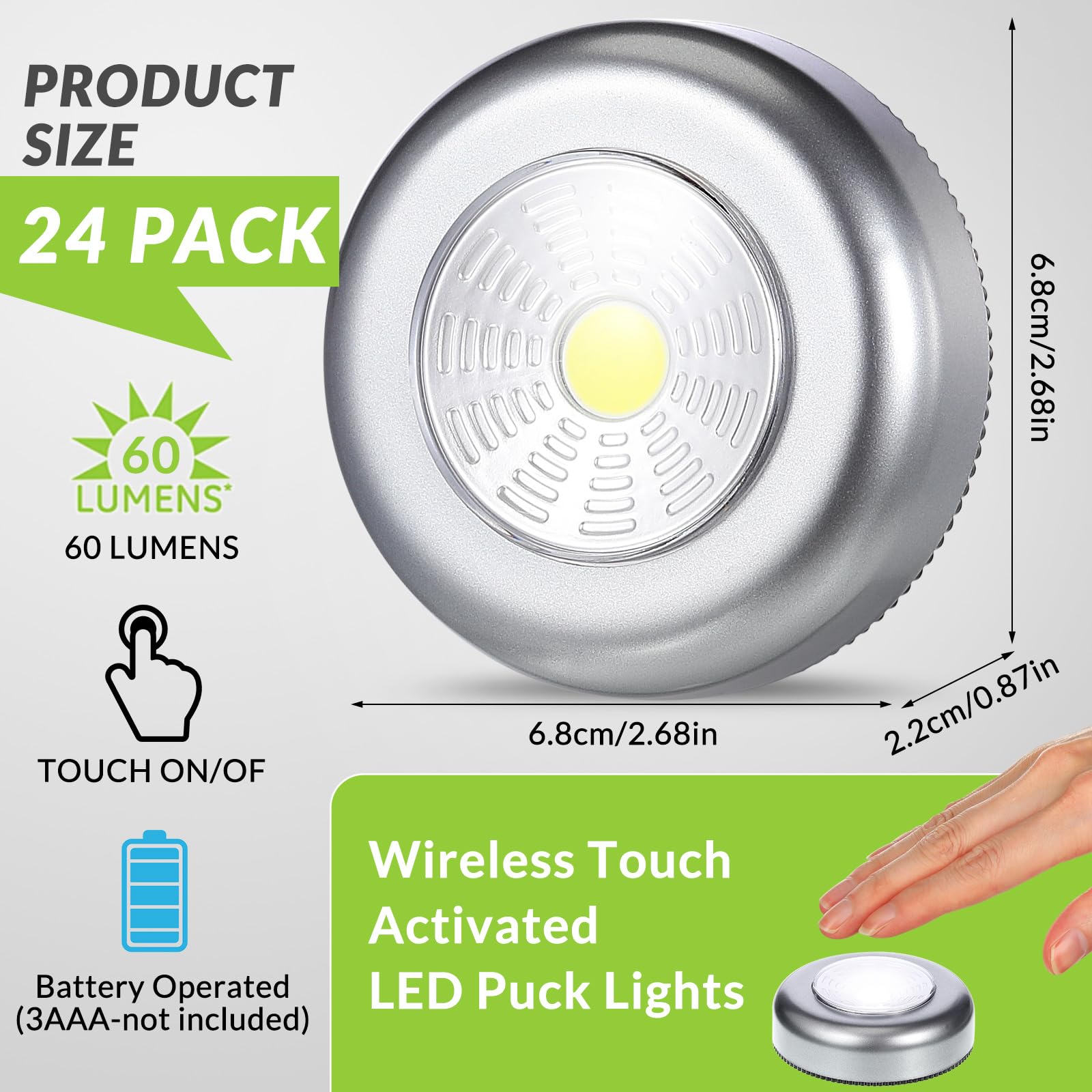 Macarrie 24 LED Puck Lights, Wireless Under Cabinet Lighting, 60 Lumens, Silver, Battery Operated, Touch Activation, Mini Tap Lights