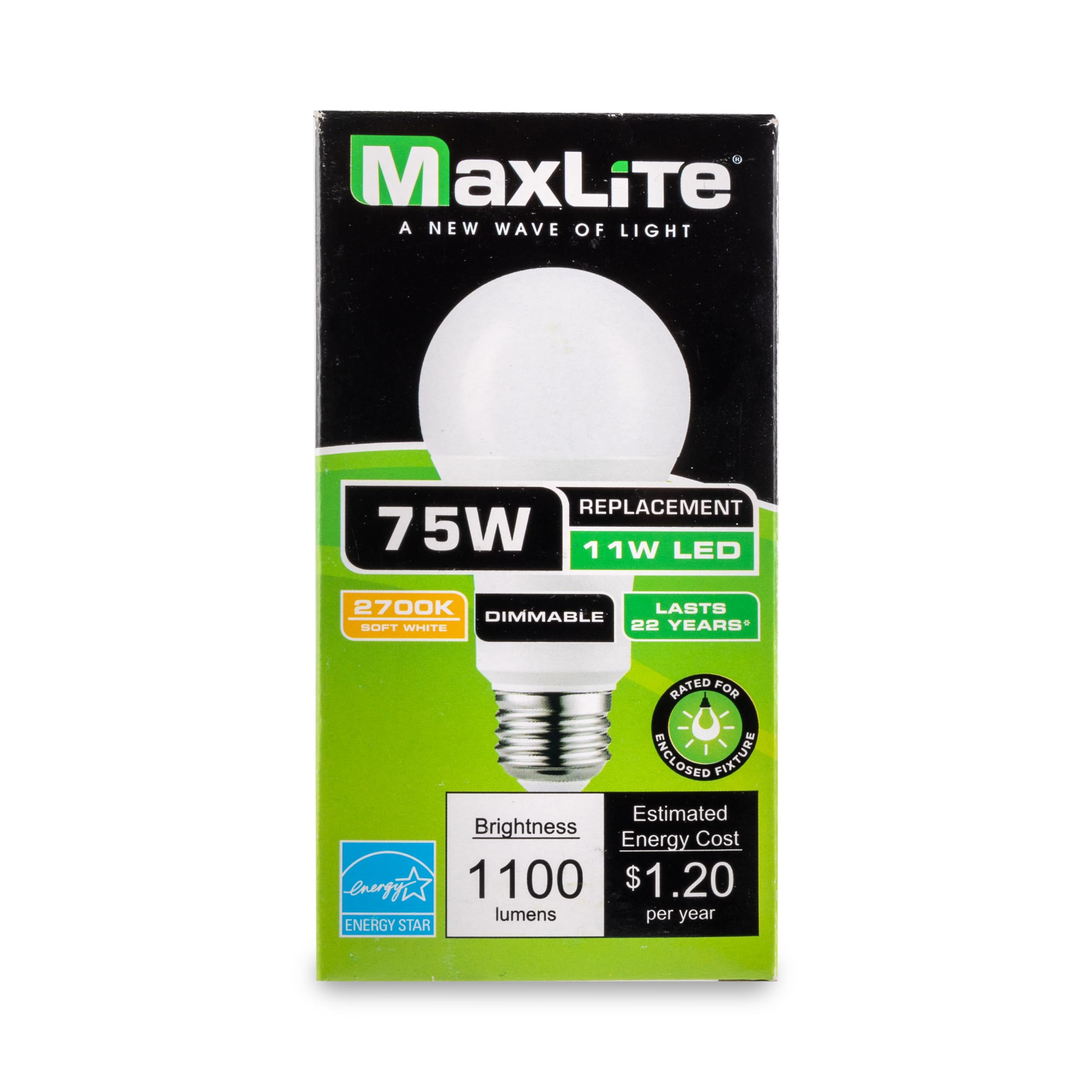 MaxLite LED A19 Bulb 11W Dimmable 2700K Warm White 1100 Lumens, E11A19DLED27/G8, Polycarbonate, Single Pack,