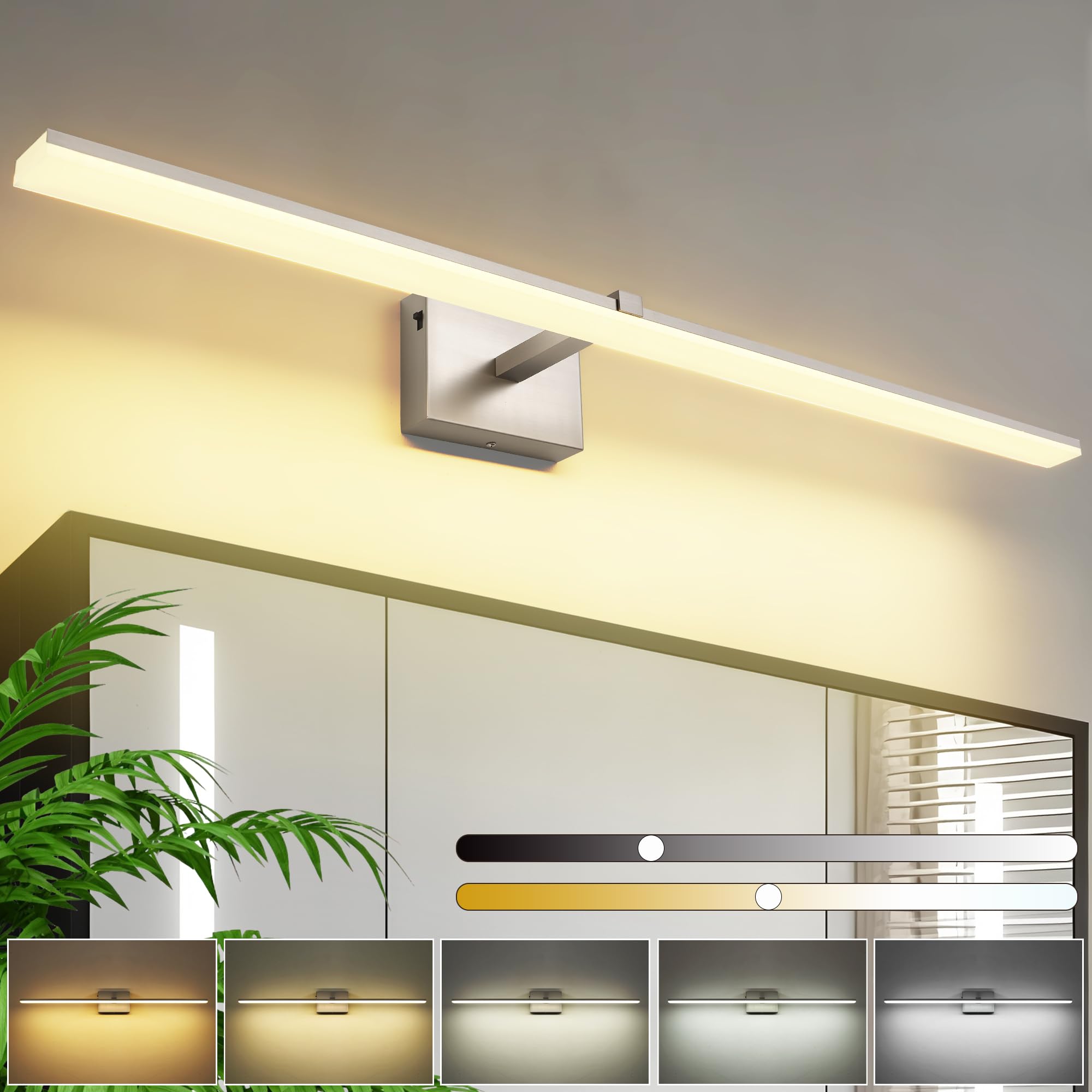 ZUZITO 40 Inch Bathroom Vanity Lights Over Mirror Brushed Nickel Arm Over Cabinet Wide LED Bar 5CCT 2900K 6000K High Lumen IP44