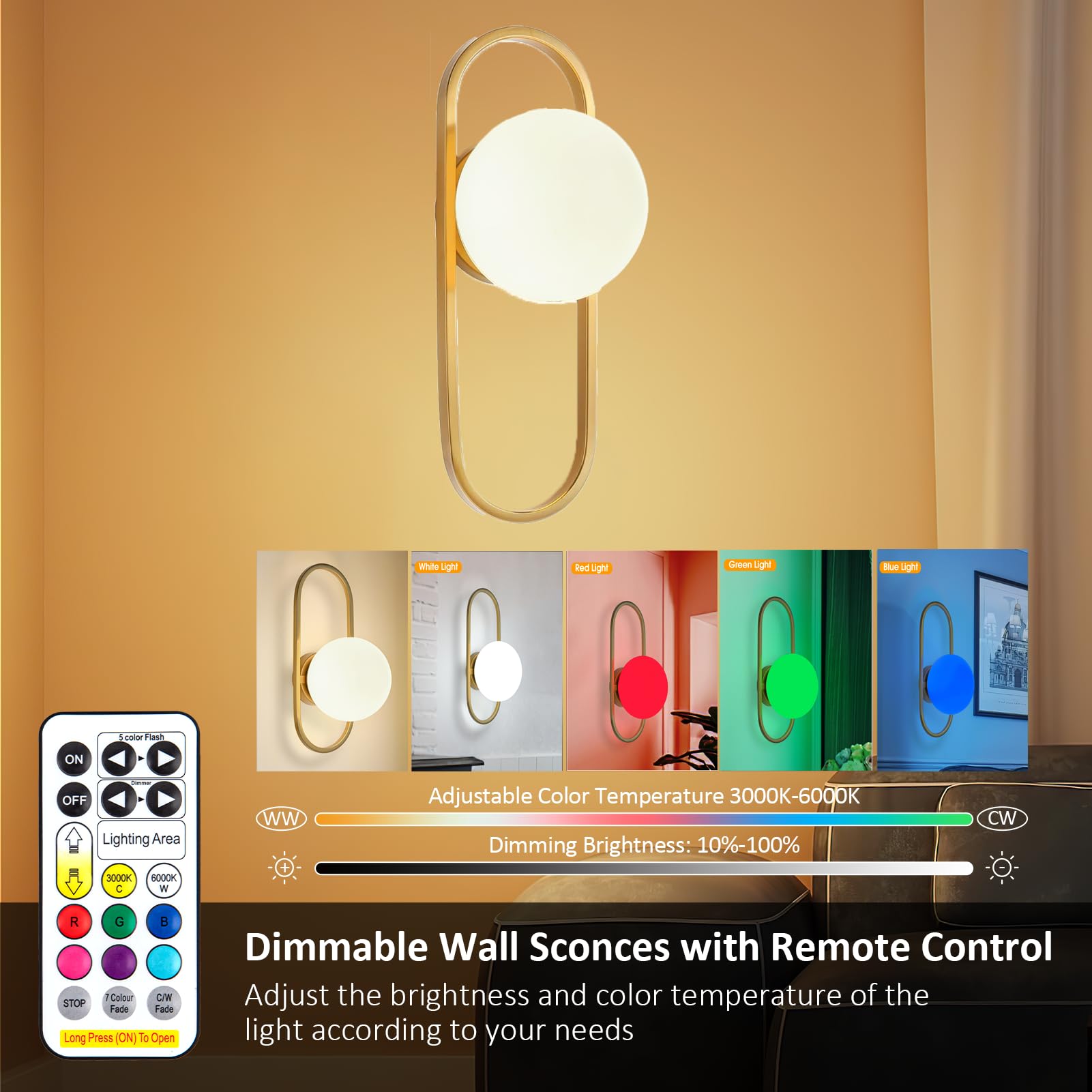 jengush Battery Operated Wall Sconce Set of 2, Wireless Dimmable Indoor Lights, Metal, One Size, Gold, Model WL-2203