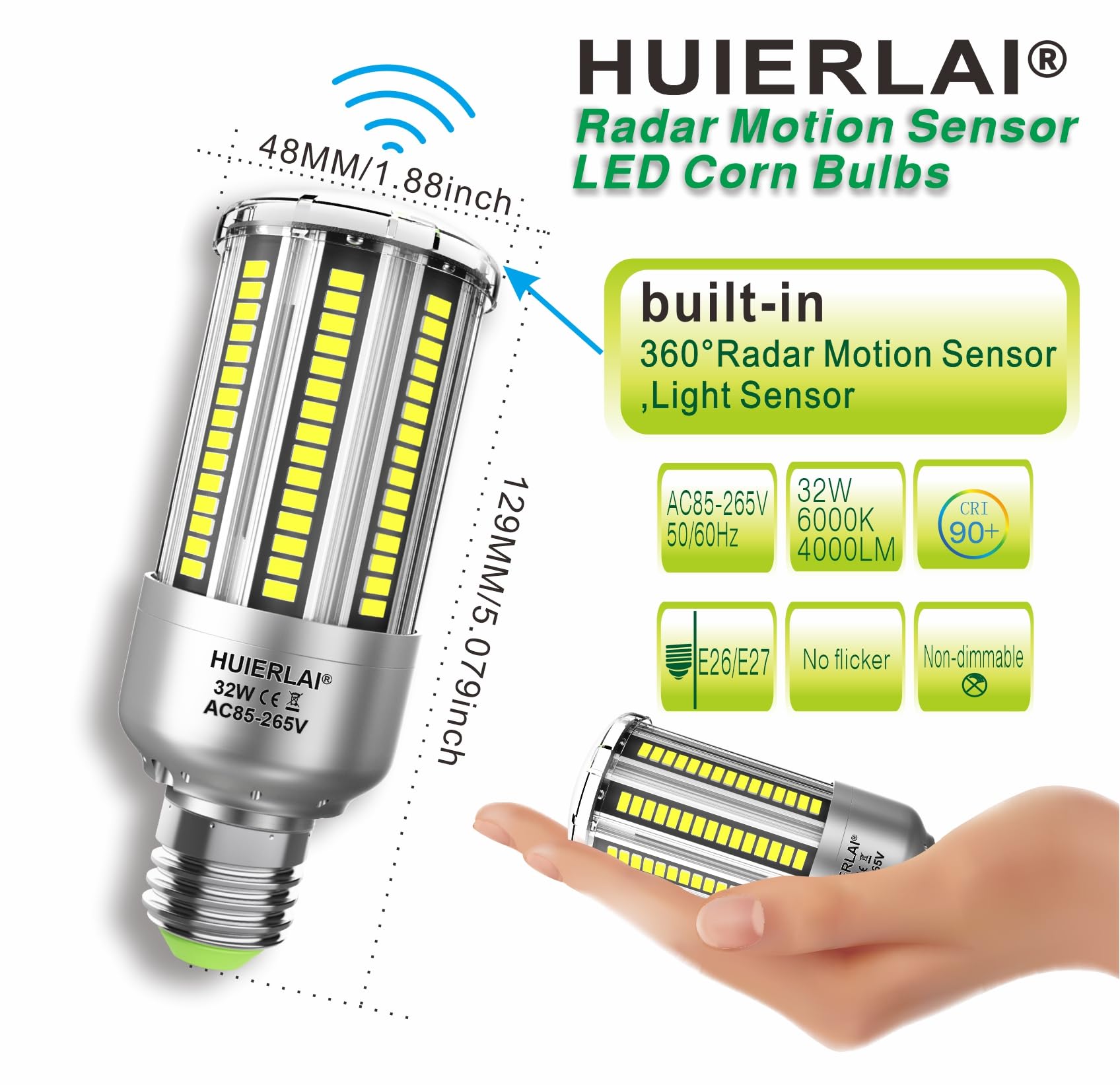 Radar Motion Sensor Led Light Bulbs, 32W Daylight White 6000K 4000Lm (300W Equivalent) Auto Motion Detector Activated Dusk To Da