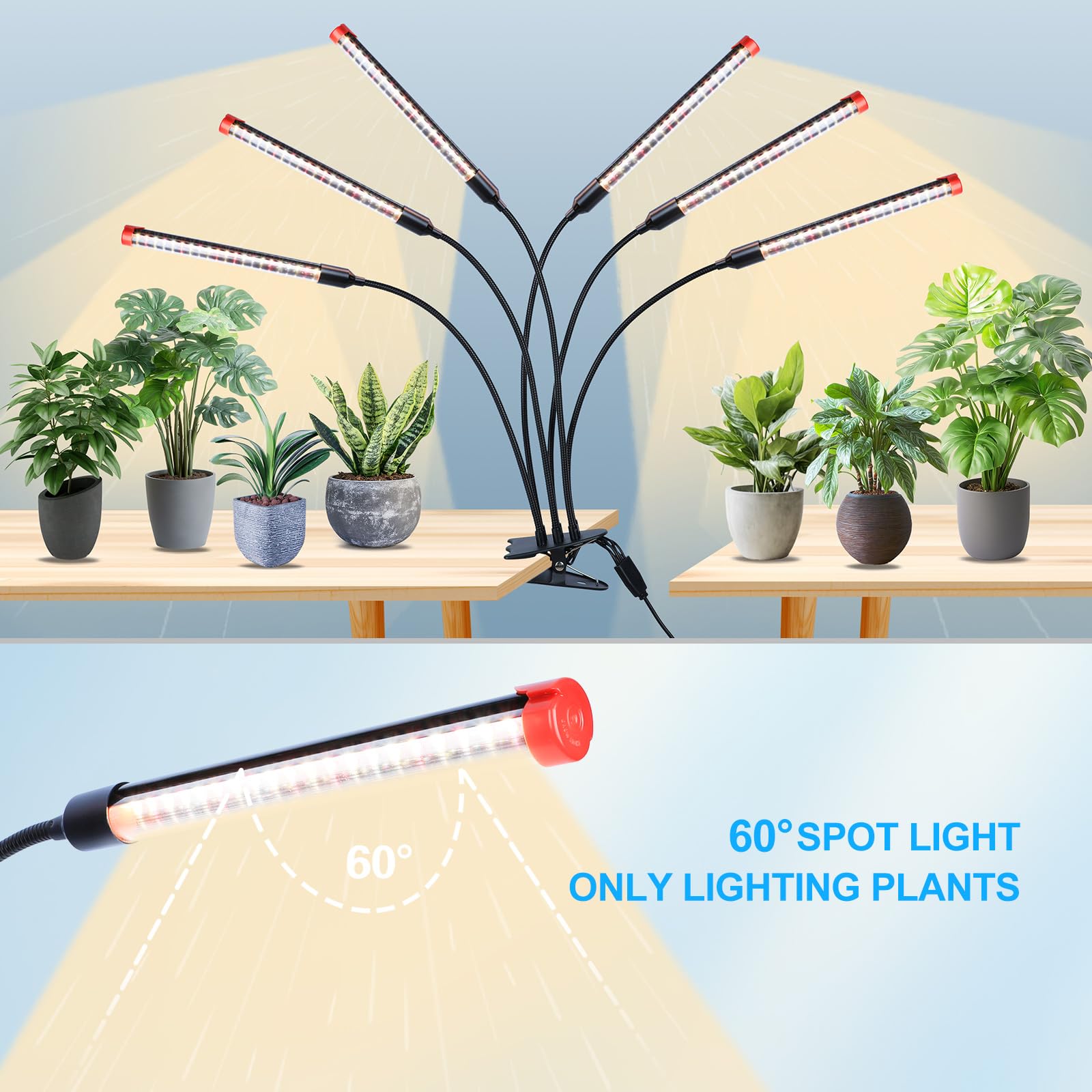 FECiDA 54W Clip Grow Light with Timer, 6-Head LED Plant Lamp for Indoor Plants, Black, Model ZH_GL_RH