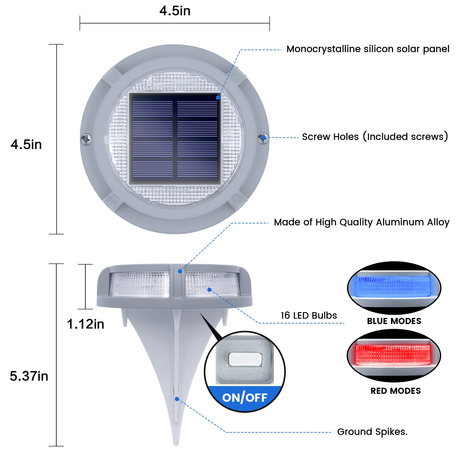 SIEDiNLAR Solar Deck Lights 16 LEDs Waterproof Driveway Markers 12 Pack Blue/Red Model SD008-BR-12PK