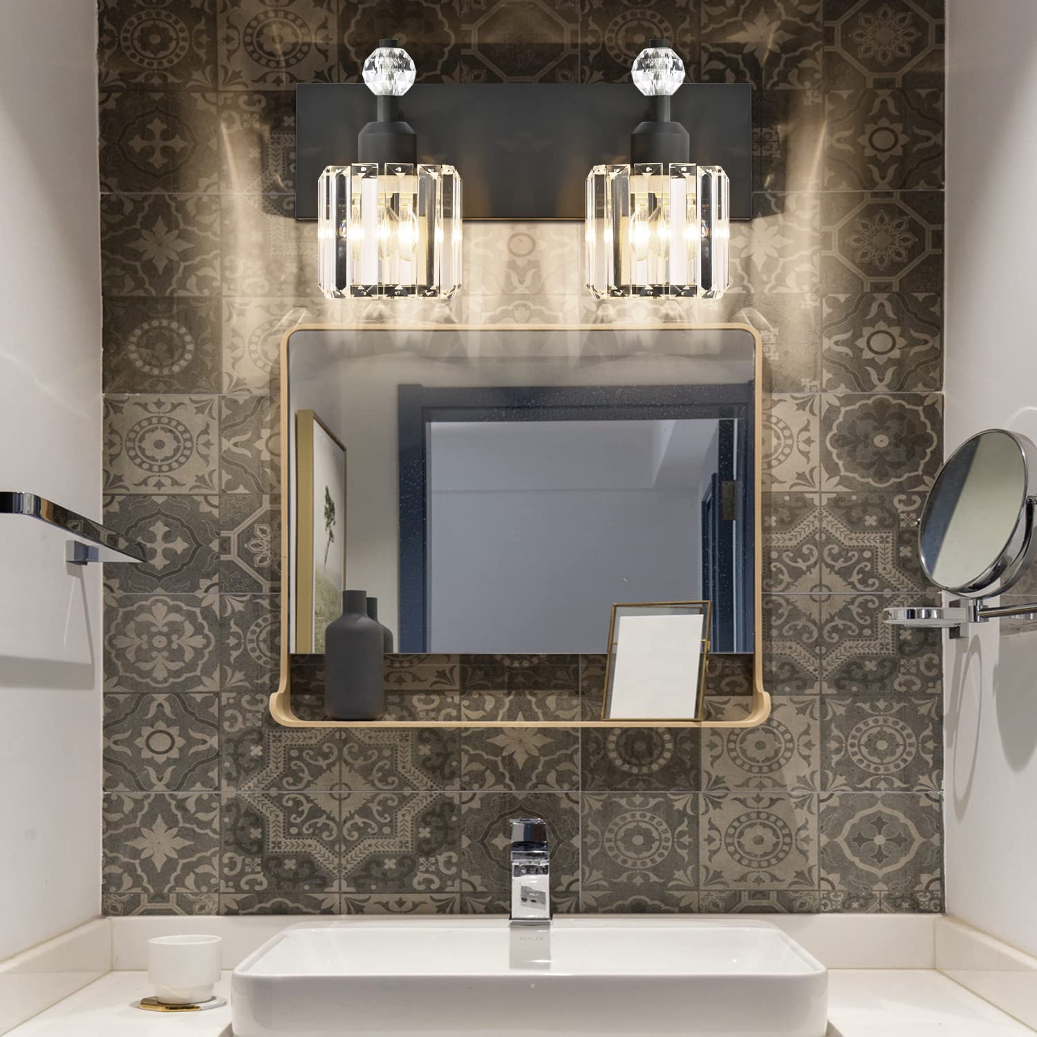 Presde 2-Light Modern Crystal Bathroom Vanity Light Fixture - Matte Black Metal Over Mirror Lighting