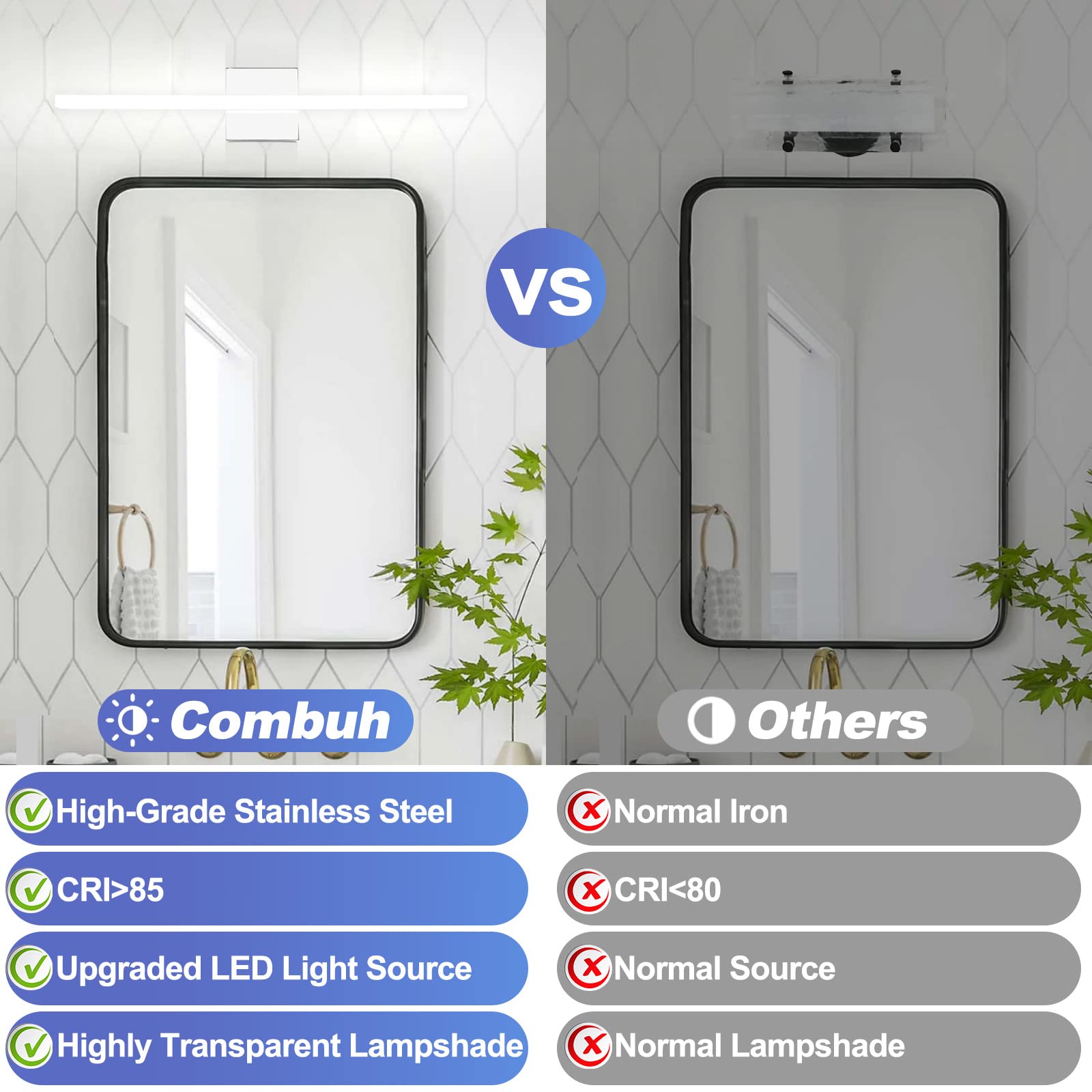 Combuh LED Vanity Lights Bar, 24 Inch, 14W, IP44, Cool White 6000K, SUS304 Stainless Steel, Modern Wall Sconces for Bathroom