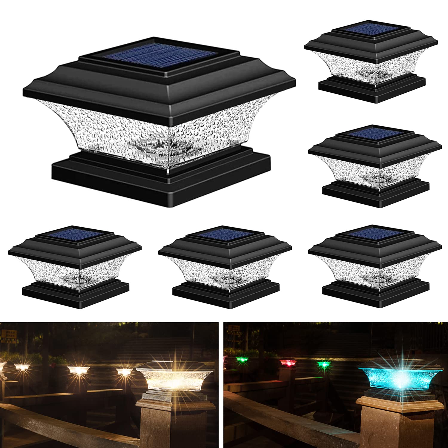 HUYIENO Solar Post Cap Lights LED, 9 Light Modes, Black, 6pk, Plastic, Model HY1238-6