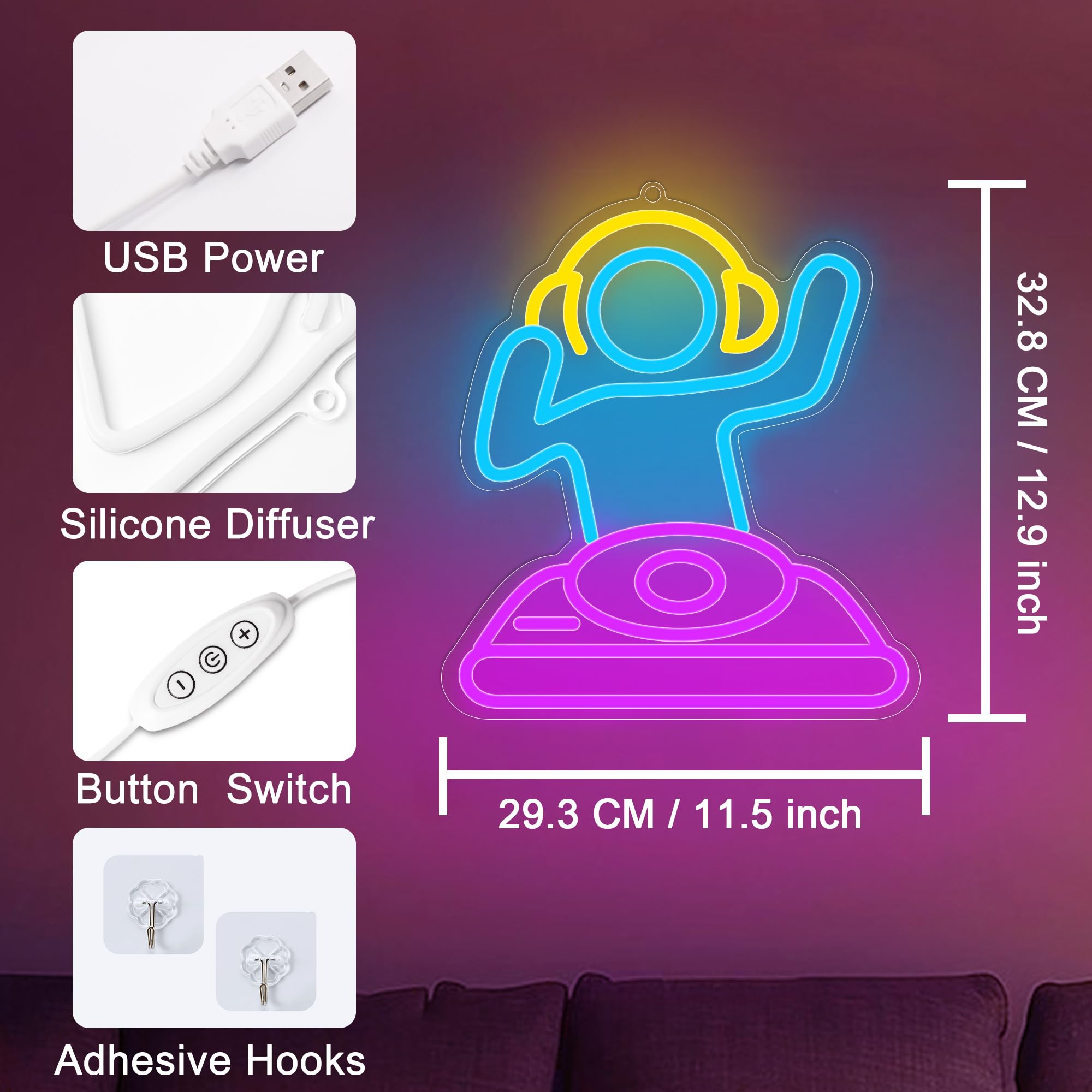 Anywin DJ Player Neon Sign - USB LED Wall Decor Light, Dimmable, 35 cm x 2 cm, Ideal for Bar, Bedroom, Gaming Room, Men Cave