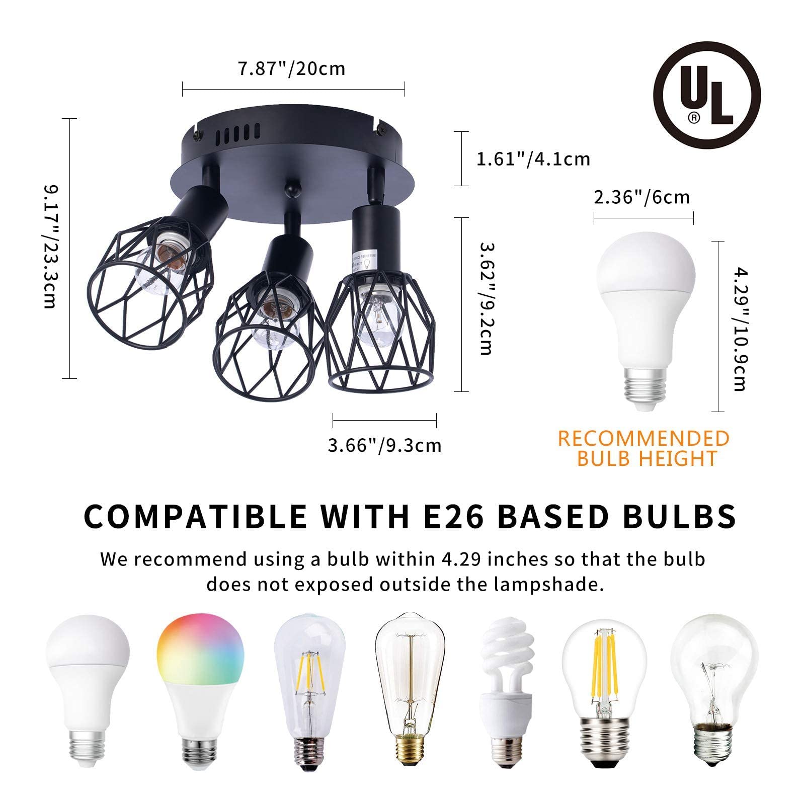 zhkung Industrial Semi Flush Mount Ceiling Light, 3-Light Vintage Black Metal Wire Cage, Model zhkung-001